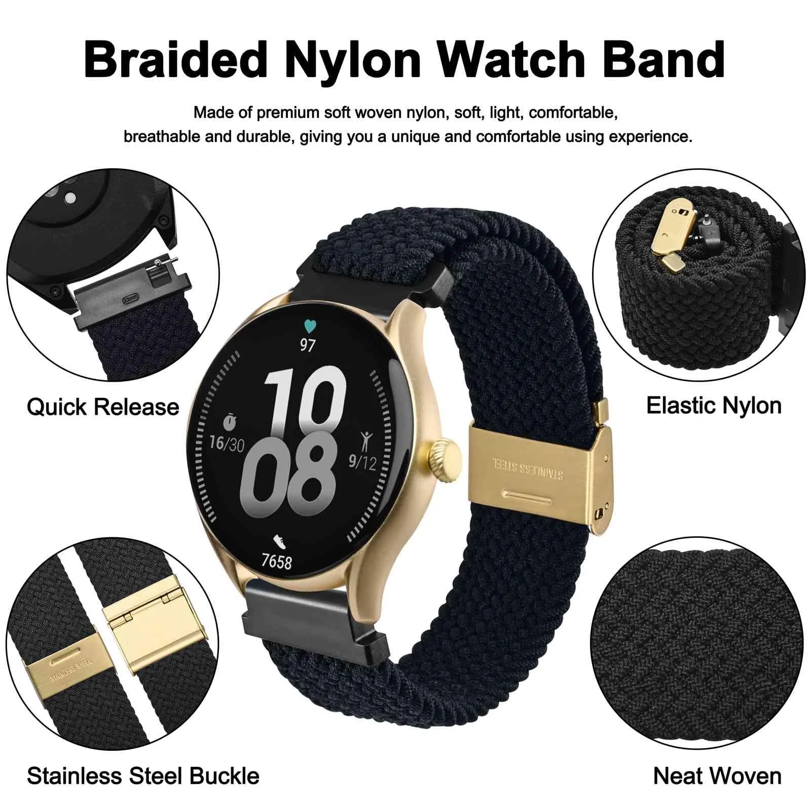 WOCCI 18mm Intrecciato Nylon Cinturino per Orologio da Uomo e da Donna, Regolabile Fibbia Dorata (Nero) - immagine 3