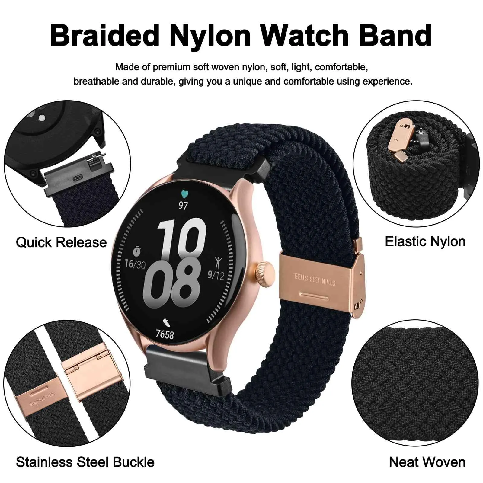WOCCI 18mm Intrecciato Nylon Cinturino per Orologio da Uomo e da Donna, Regolabile Fibbia Oro Rosa (Nero) - immagine 3