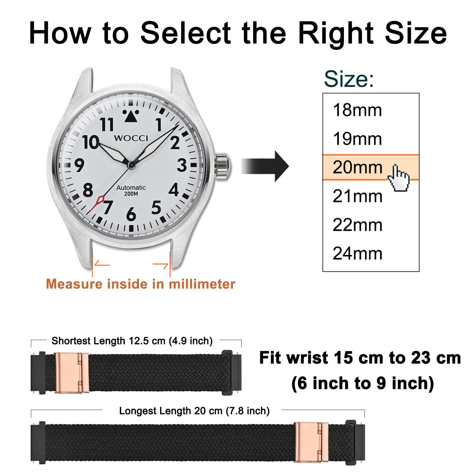 WOCCI 18mm Intrecciato Nylon Cinturino per Orologio da Uomo e da Donna, Regolabile Fibbia Oro Rosa (Nero) - immagine 4