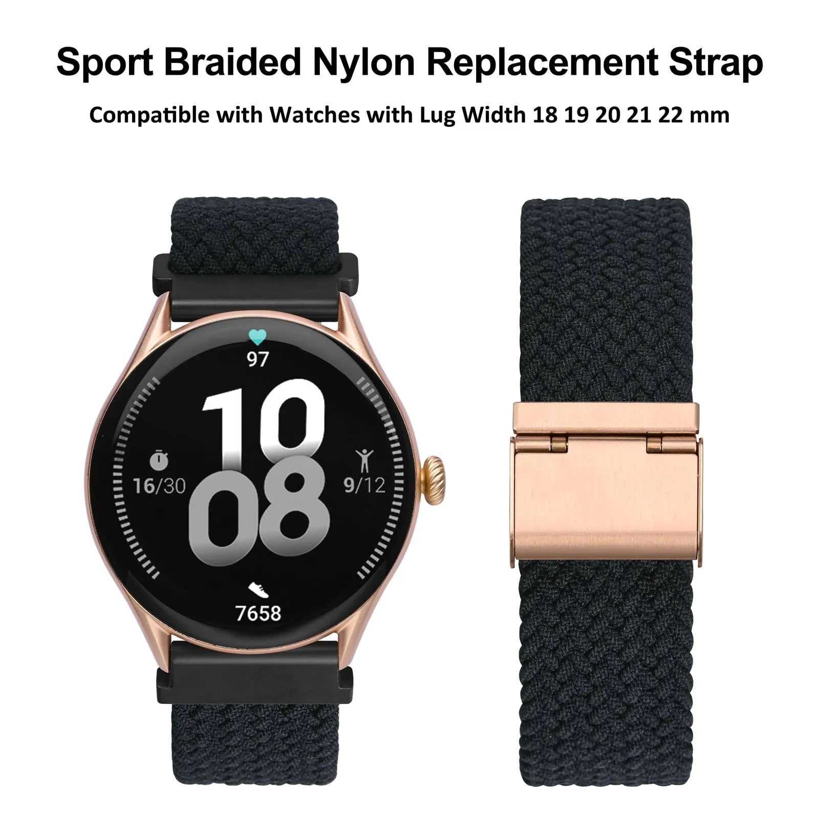 WOCCI 18mm Intrecciato Nylon Cinturino per Orologio da Uomo e da Donna, Regolabile Fibbia Oro Rosa (Nero) - immagine 9