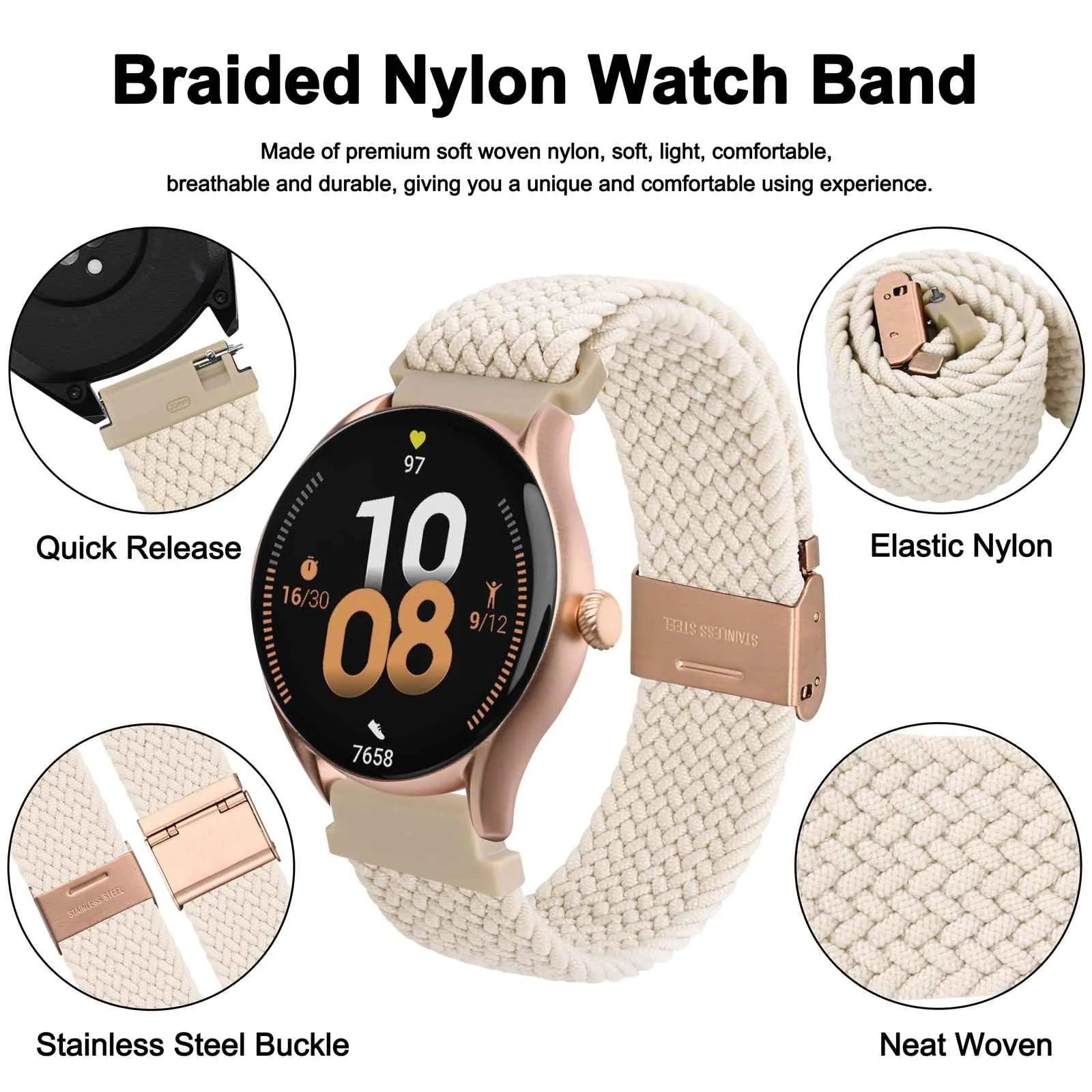 WOCCI 18mm Intrecciato Nylon Cinturino per Orologio da Uomo e da Donna, Regolabile Fibbia Oro Rosa (Galassia) - immagine 3