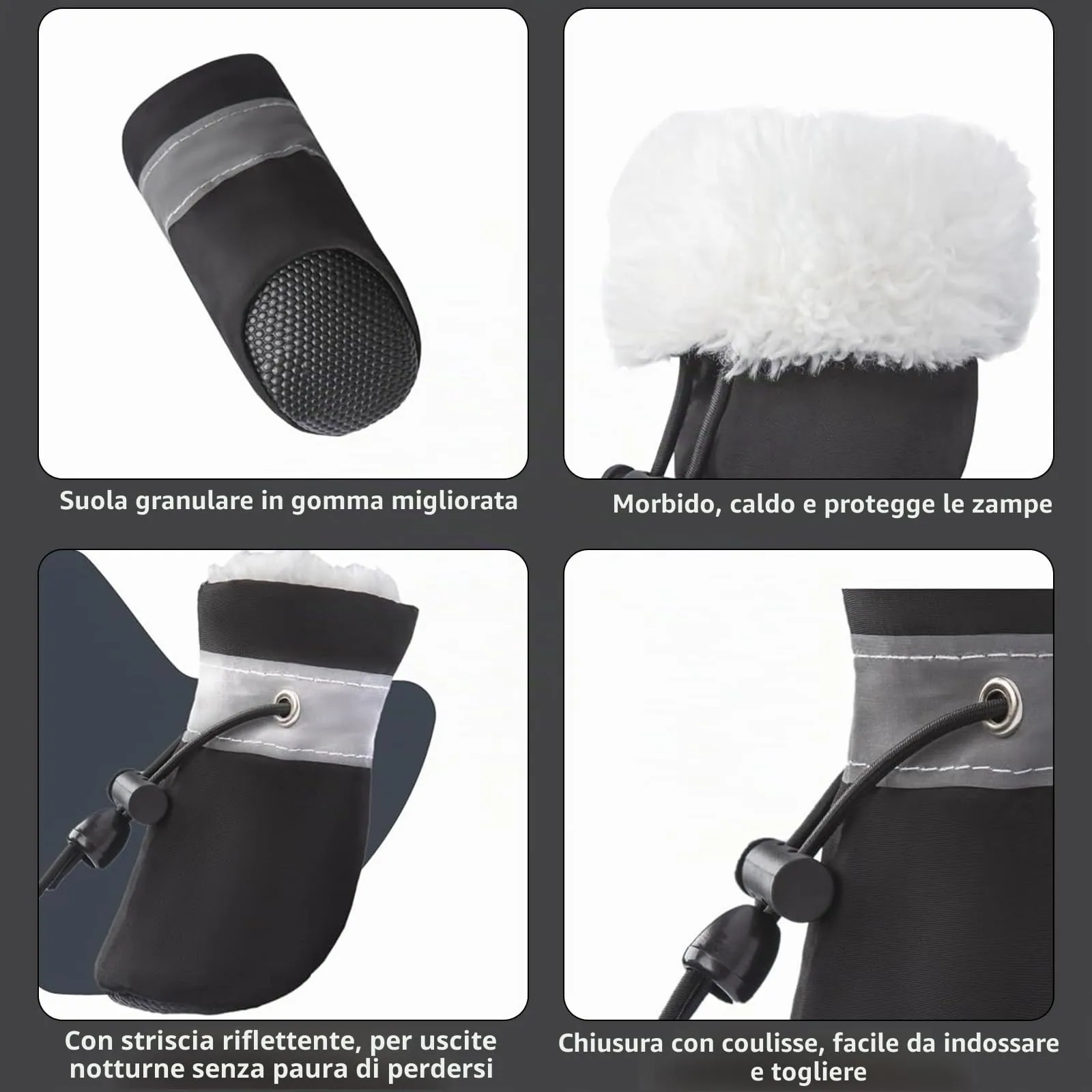 PPGGOPP 4 Pezzi Scarpe per Cani Antiscivolo con Strisce Riflettenti, Scarpe Impermeabili per Cani di Piccola e Media (Nero 6) - immagine 2