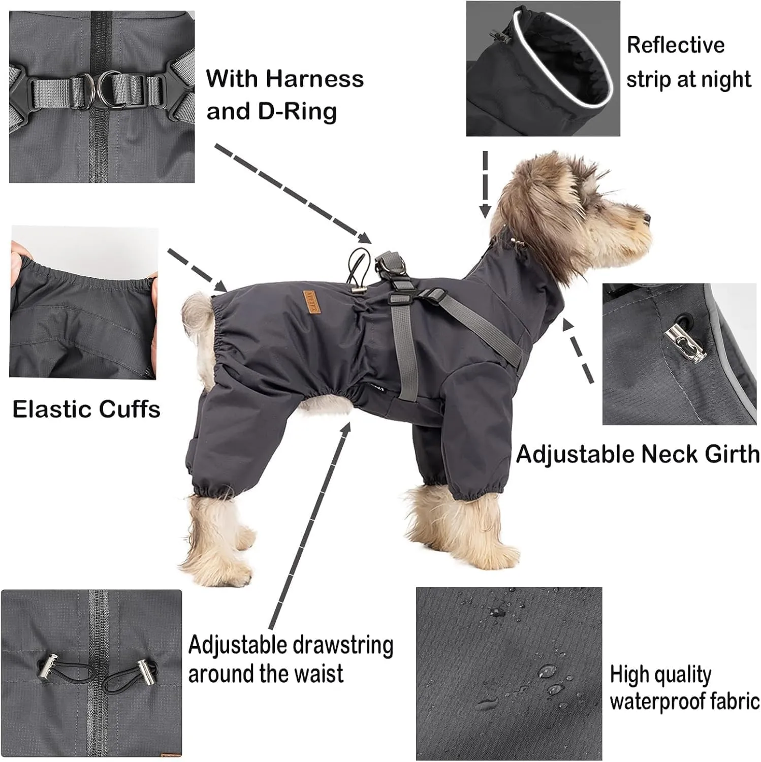 BT Bear - Cappotto impermeabile per cani con imbracatura, regolabile, con 4 gambe, con giubbotto riflettente, impermeabile, per cani di taglia piccola e media, grigio XL - immagine 4