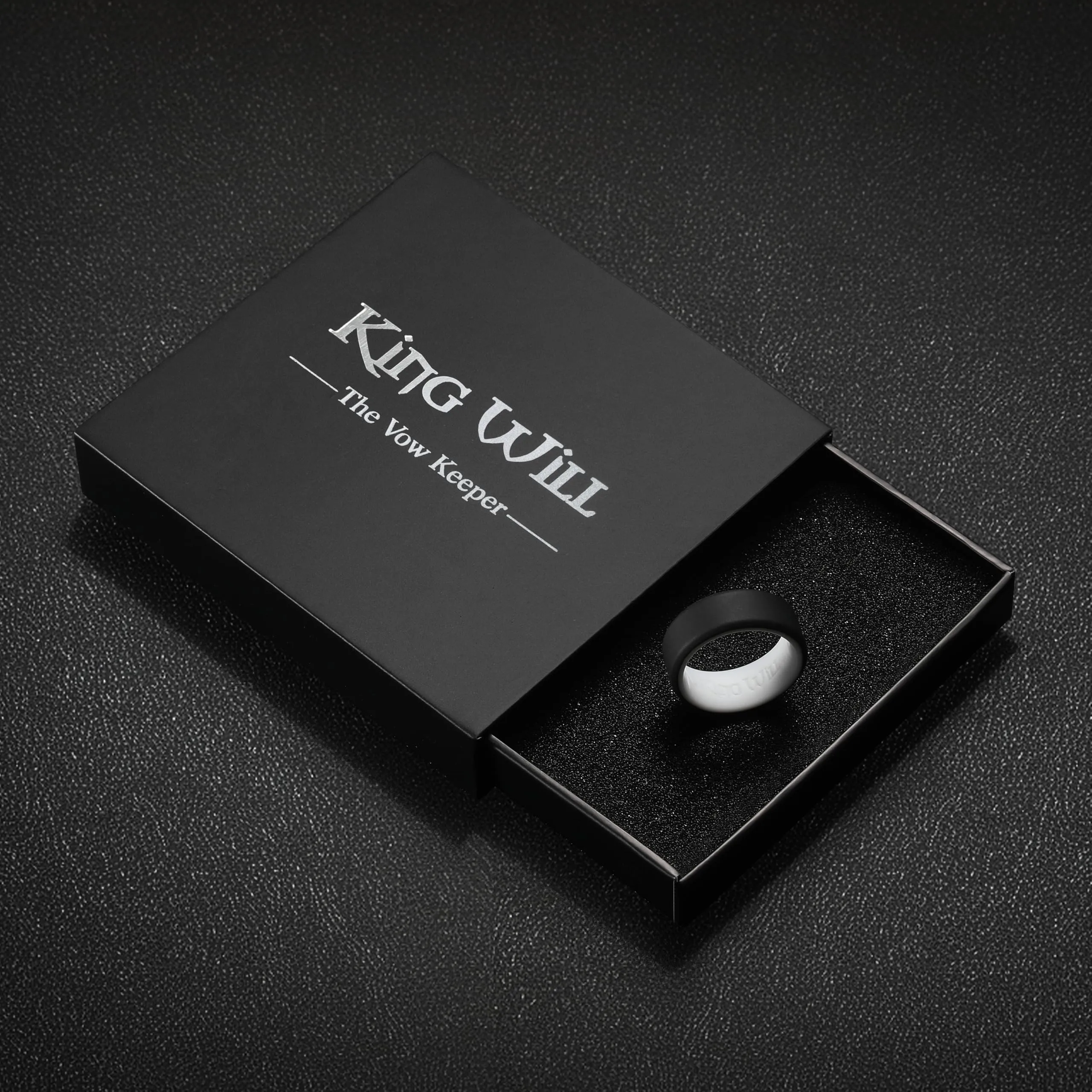 King Will Anelli in silicone per uomini e donne, fedi nuziali in gomma, motivo unico, larghezza 8 mm, spessore 2,2 mm, anello comodo, nero e bianco, V 1/2(64.64mm), Silicone, Nessuna pietra preziosa - immagine 6
