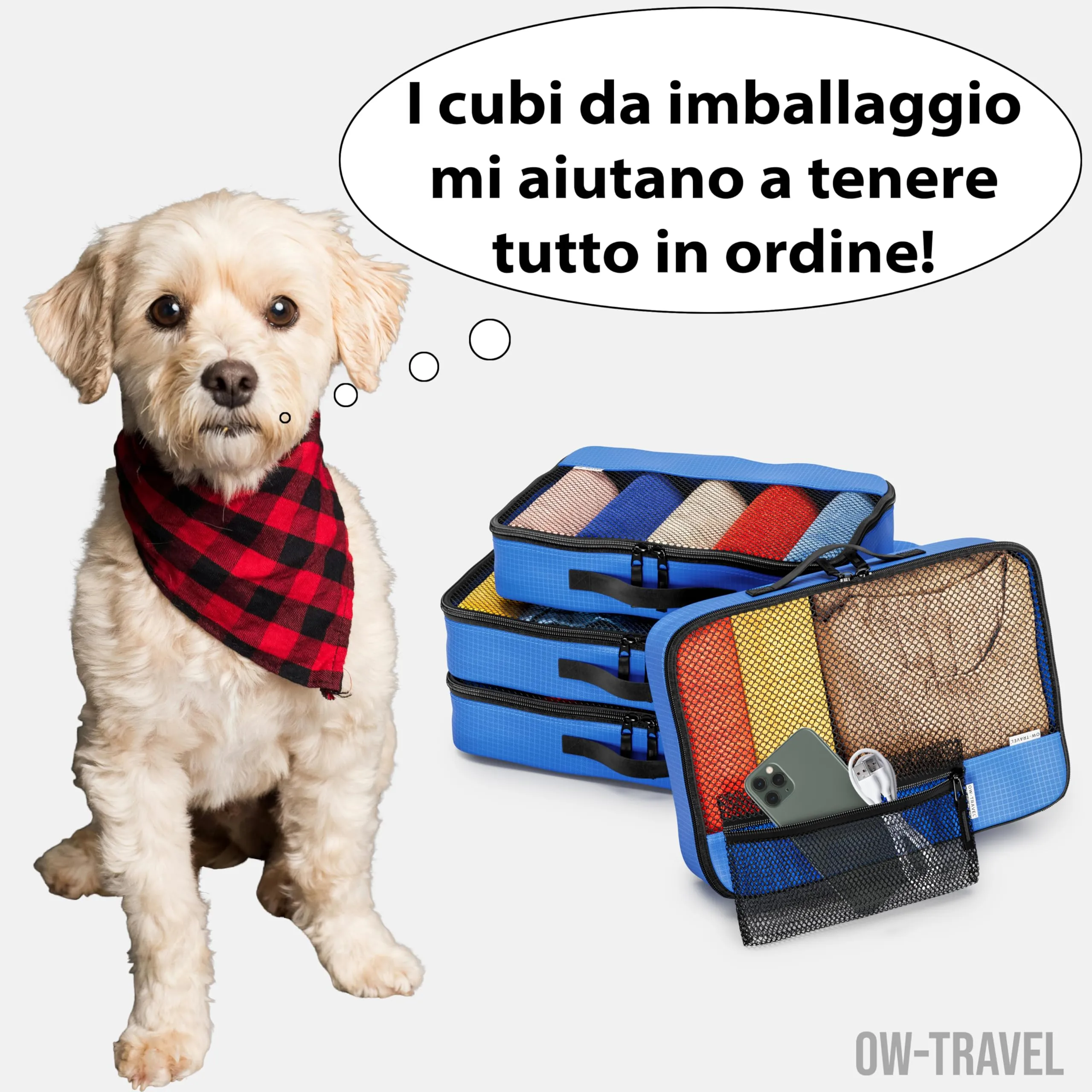 OW-Travel Organizer Valigia, Packing Cubes, Cubi Viaggio, Blu M/L 5 Pezzi - immagine 2