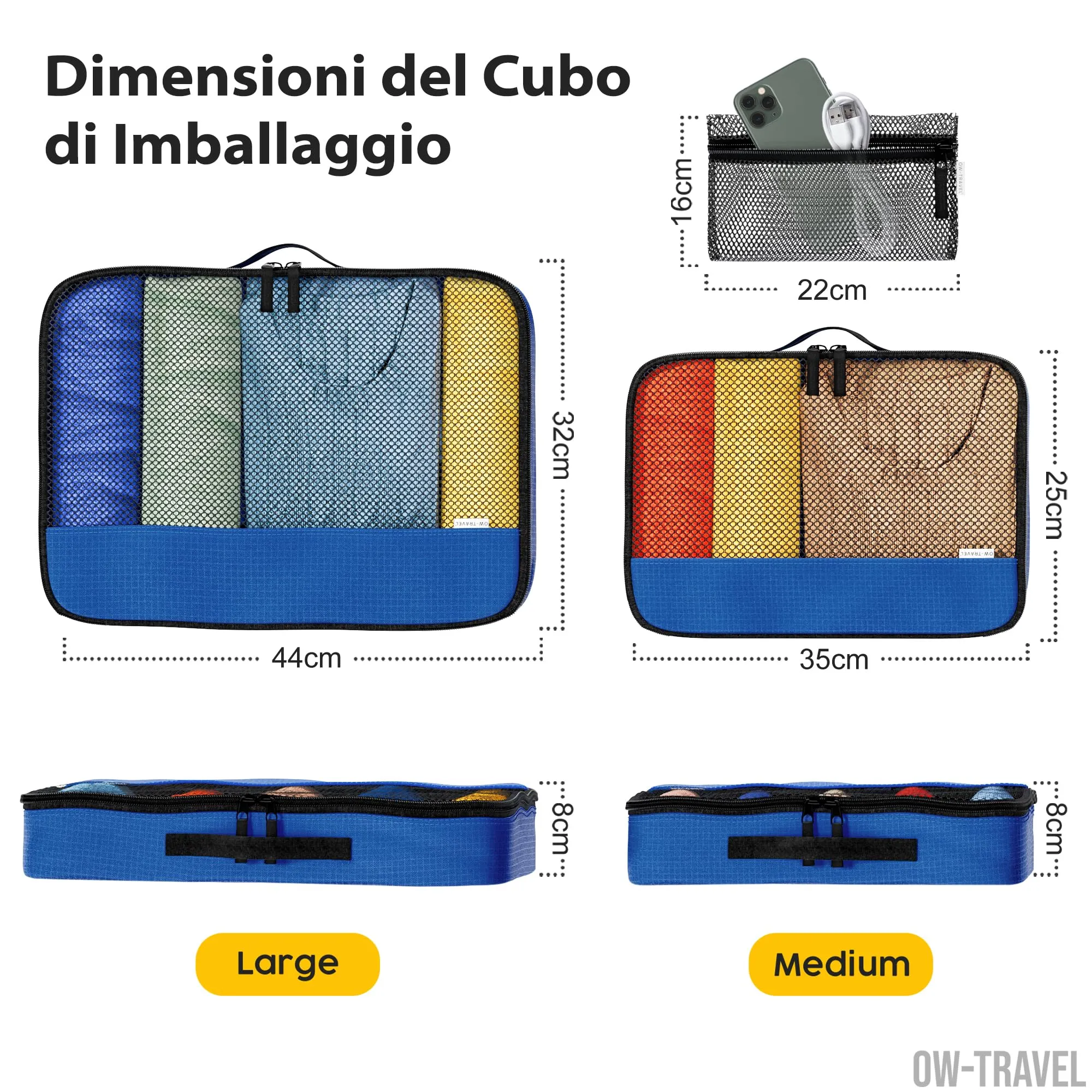OW-Travel Organizer Valigia, Packing Cubes, Cubi Viaggio, Blu M/L 5 Pezzi - immagine 4