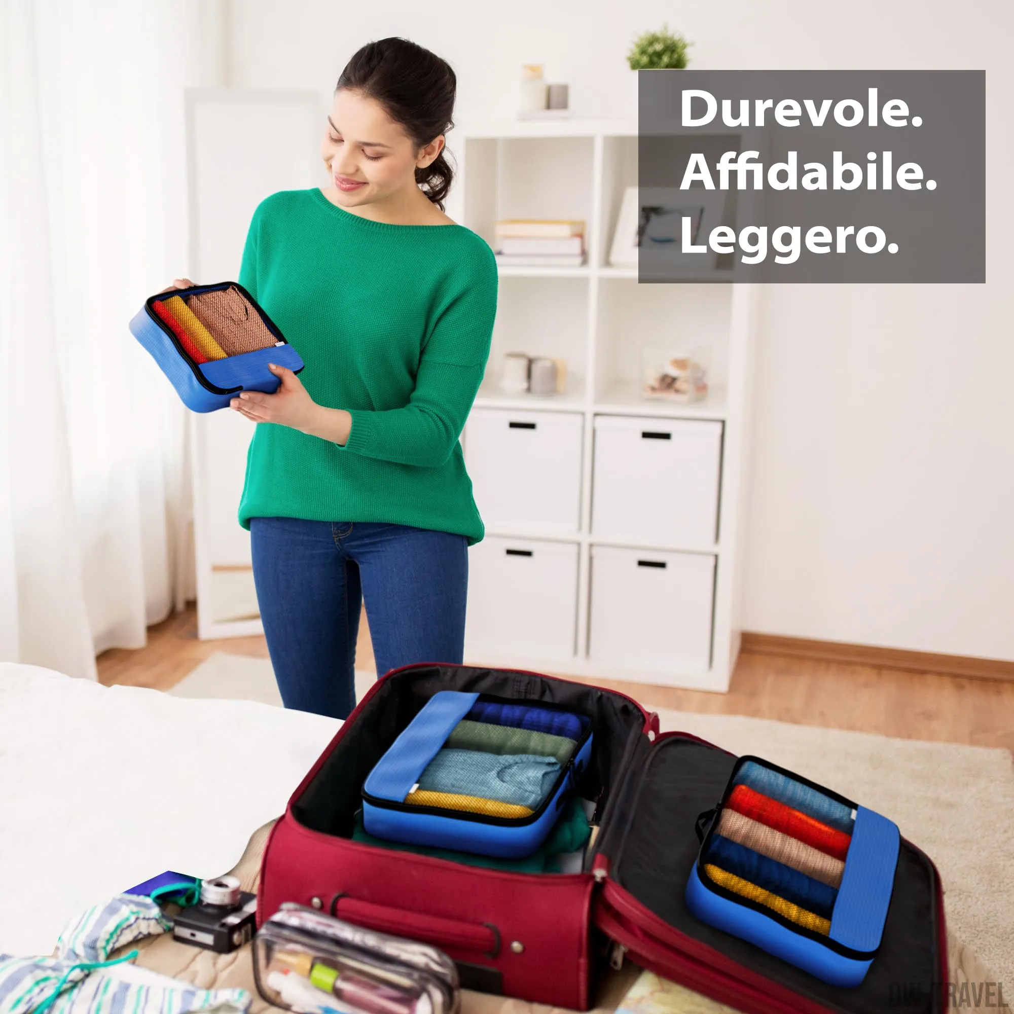 OW-Travel Organizer Valigia, Packing Cubes, Cubi Viaggio, Blu M/L 5 Pezzi - immagine 6