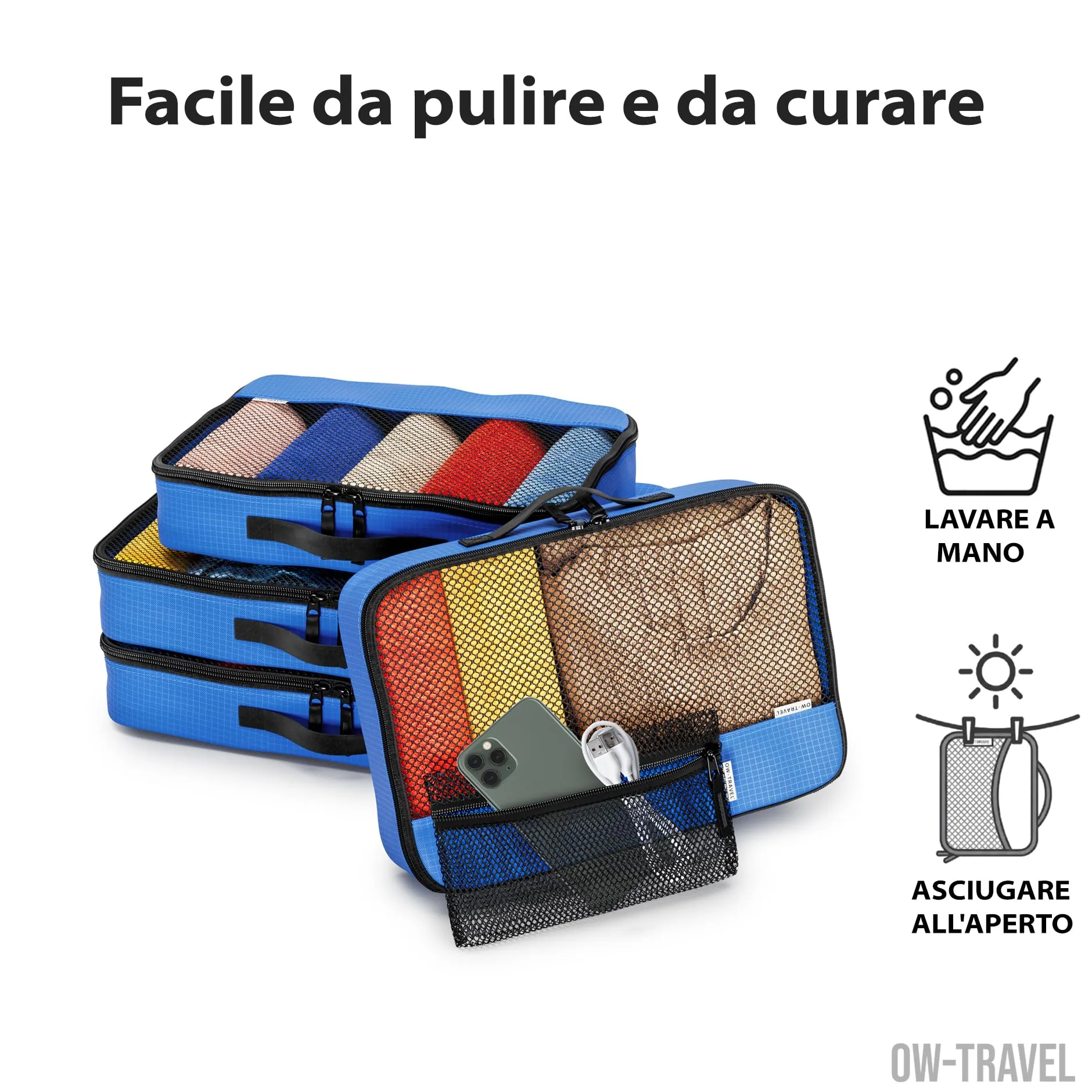 OW-Travel Organizer Valigia, Packing Cubes, Cubi Viaggio, Blu M/L 5 Pezzi - immagine 9