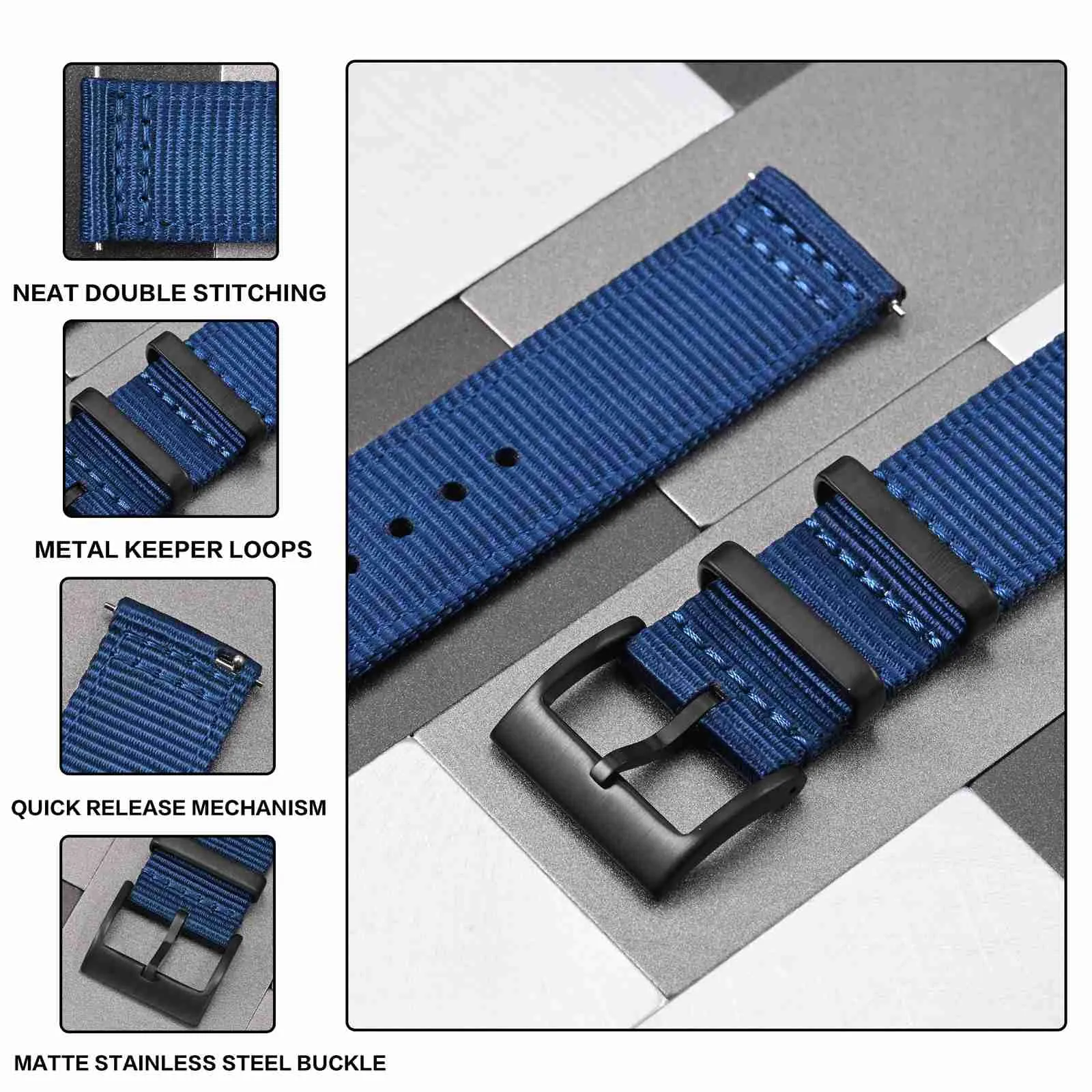 ANBEER 19mm Cinturino in nylon a sgancio rapido in due pezzi con passante in metallo, cinturino in nylon intrecciato a doppio strato,Blu Fibbia nera - immagine 3