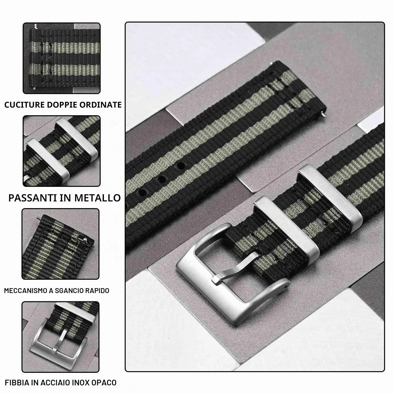 ANBEER 22mm Cinturino in nylon a sgancio rapido in due pezzi con passante in metallo, cinturino in nylon intrecciato a doppio strato,Striscia Fibbia argento - immagine 3