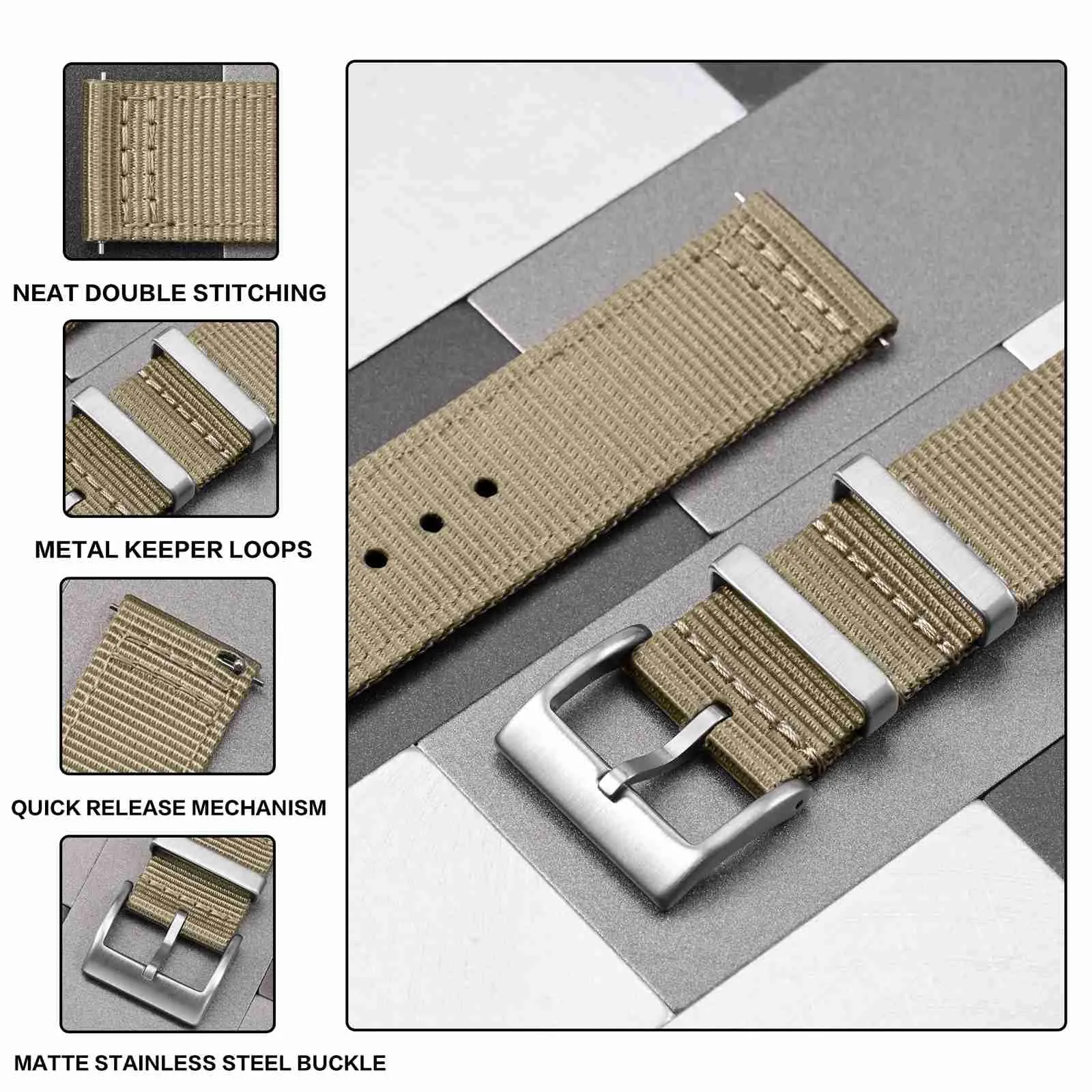 ANBEER 24mm Cinturino in nylon a sgancio rapido in due pezzi con passante in metallo, cinturino in nylon intrecciato a doppio strato,Khaki Fibbia argento - immagine 3