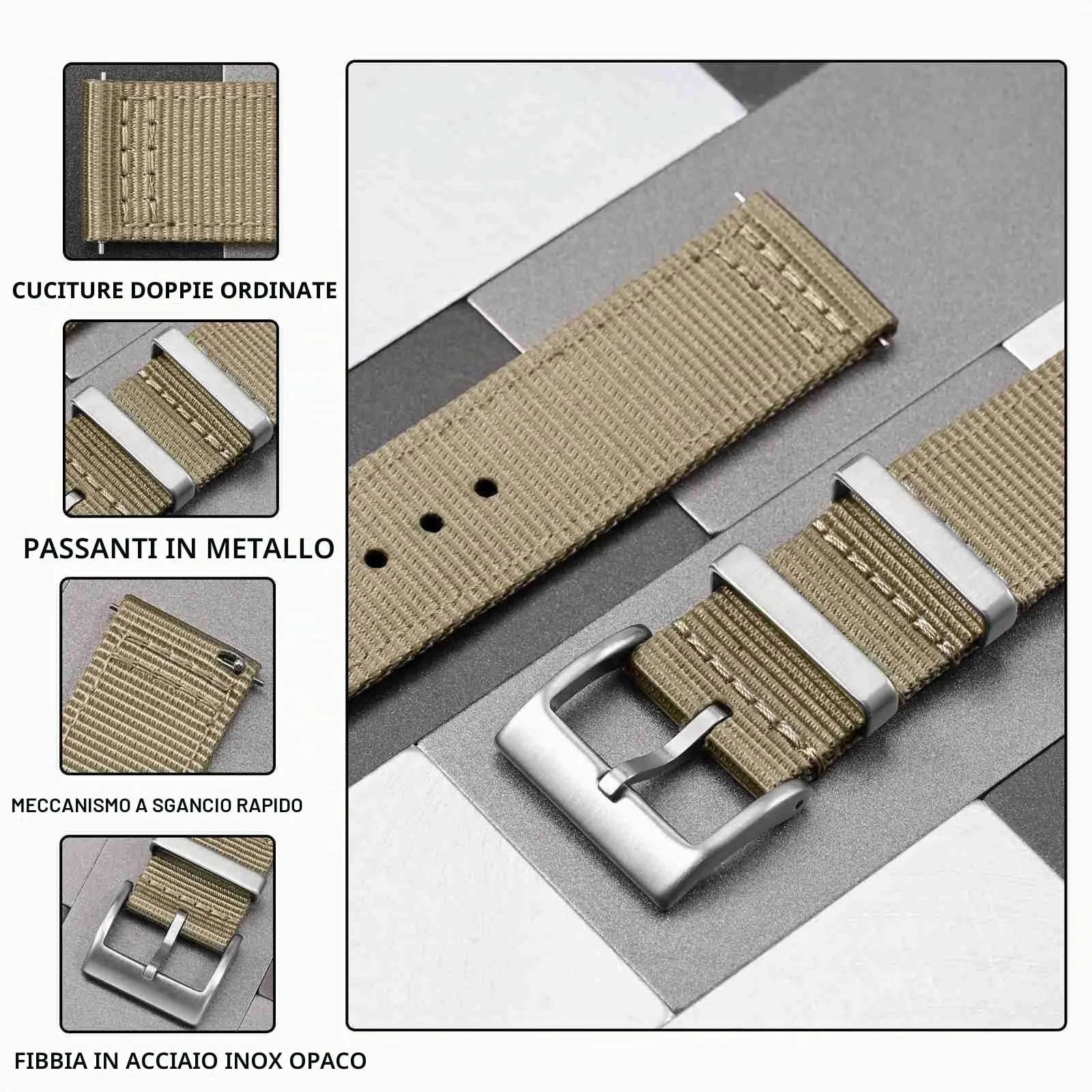 ANBEER 22mm Cinturino in nylon a sgancio rapido in due pezzi con passante in metallo, cinturino in nylon intrecciato a doppio strato,Khaki Fibbia argento - immagine 3