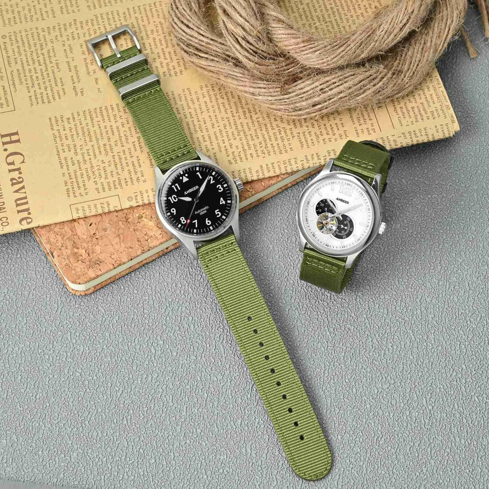 ANBEER 24mm Cinturino in nylon a sgancio rapido in due pezzi con passante in metallo, cinturino in nylon intrecciato a doppio strato,Verde Oliva Fibbia nera - immagine 7