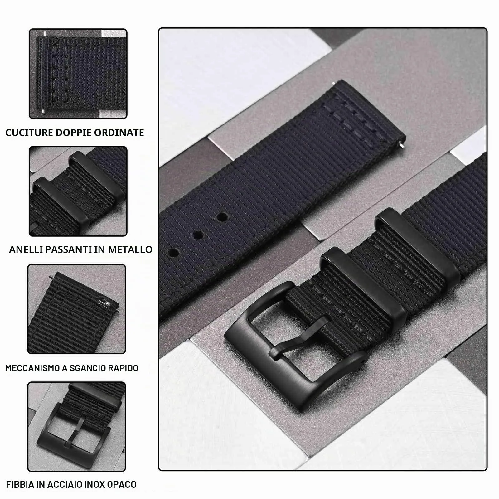 ANBEER 24mm Cinturino in nylon a sgancio rapido in due pezzi con passante in metallo, cinturino in nylon intrecciato a doppio strato,Nero Fibbia nera - immagine 3