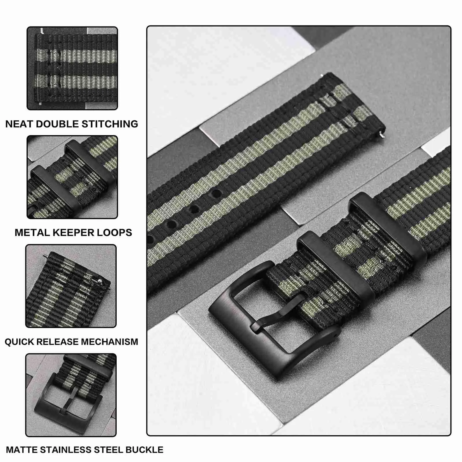 ANBEER 19mm Cinturino in nylon a sgancio rapido in due pezzi con passante in metallo, cinturino in nylon intrecciato a doppio strato,Striscia Fibbia nera - immagine 3