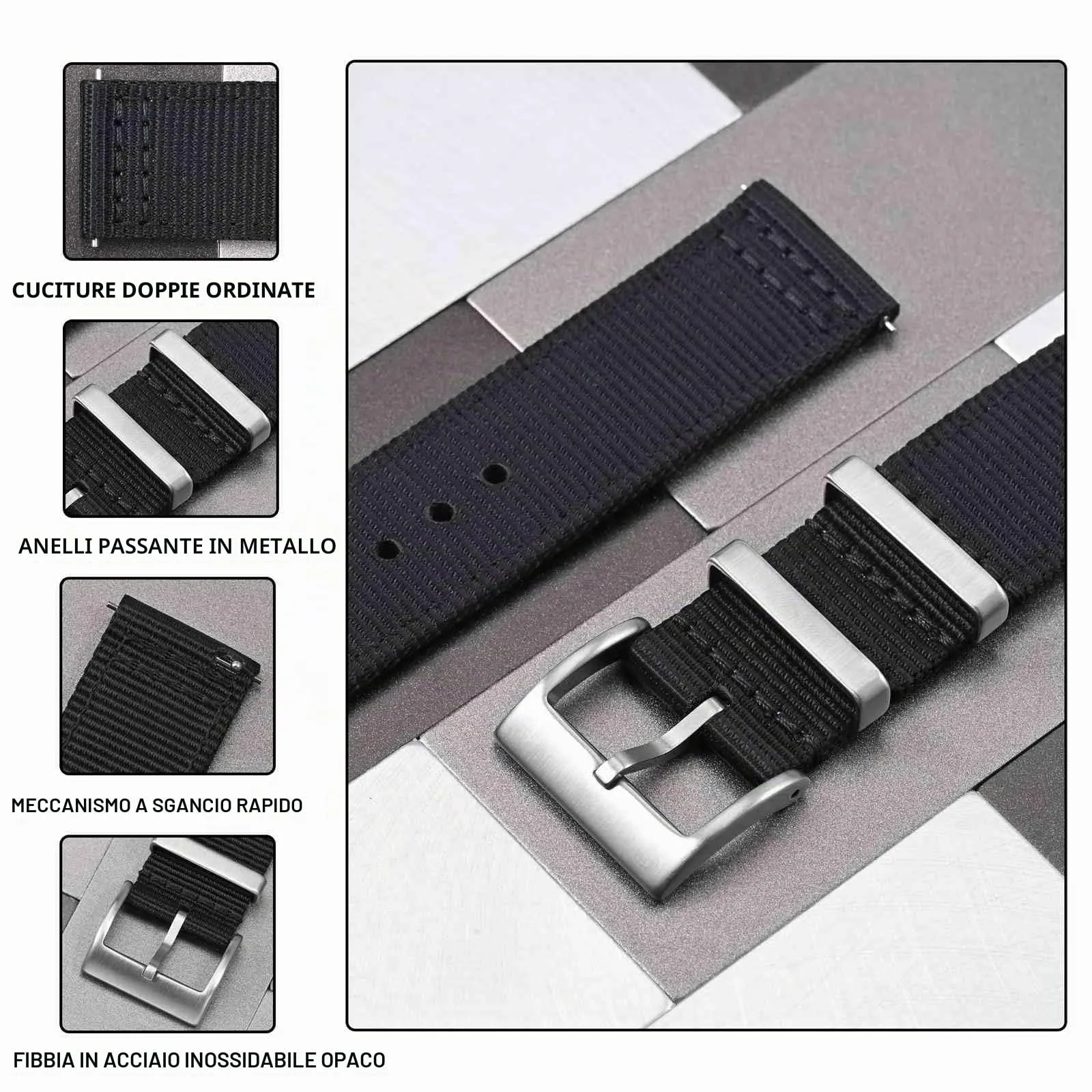 ANBEER 24mm Cinturino in nylon a sgancio rapido in due pezzi con passante in metallo, cinturino in nylon intrecciato a doppio strato,Nero Fibbia argento - immagine 3