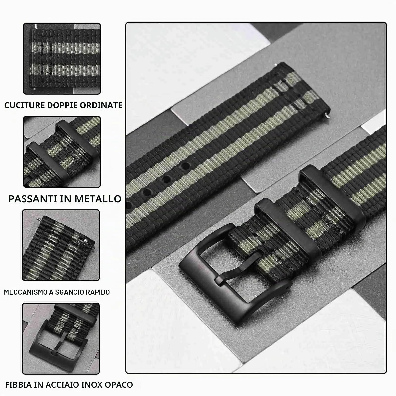 ANBEER 22mm Cinturino in nylon a sgancio rapido in due pezzi con passante in metallo, cinturino in nylon intrecciato a doppio strato,Striscia Fibbia nera - immagine 3