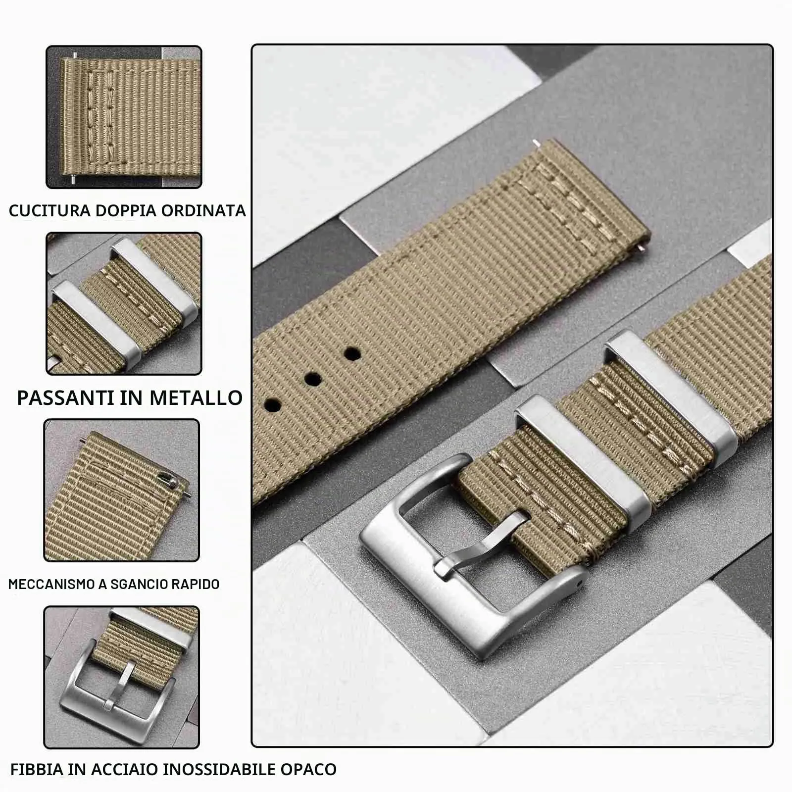 ANBEER 20mm Cinturino in nylon a sgancio rapido in due pezzi con passante in metallo, cinturino in nylon intrecciato a doppio strato,Khaki Fibbia argento - immagine 3