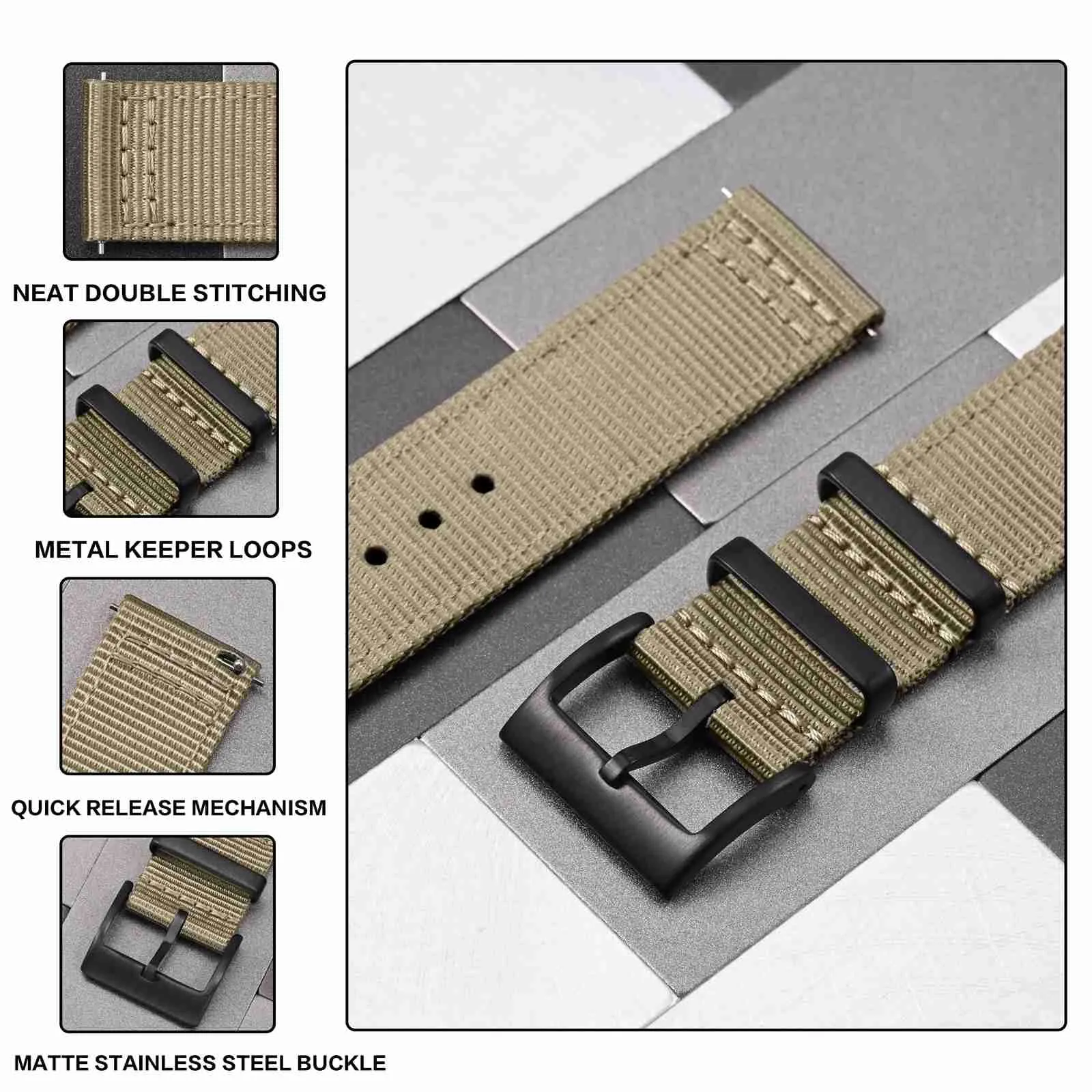 ANBEER 24mm Cinturino in nylon a sgancio rapido in due pezzi con passante in metallo, cinturino in nylon intrecciato a doppio strato,Khaki Fibbia nera - immagine 3