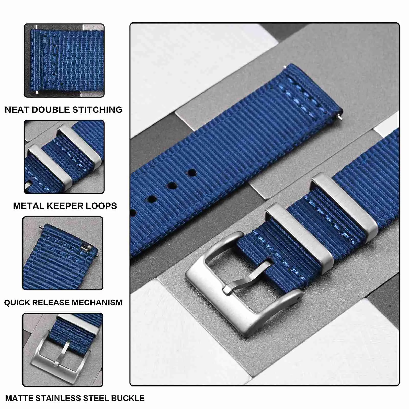 ANBEER 24mm Cinturino in nylon a sgancio rapido in due pezzi con passante in metallo, cinturino in nylon intrecciato a doppio strato,Blu Fibbia argento - immagine 3