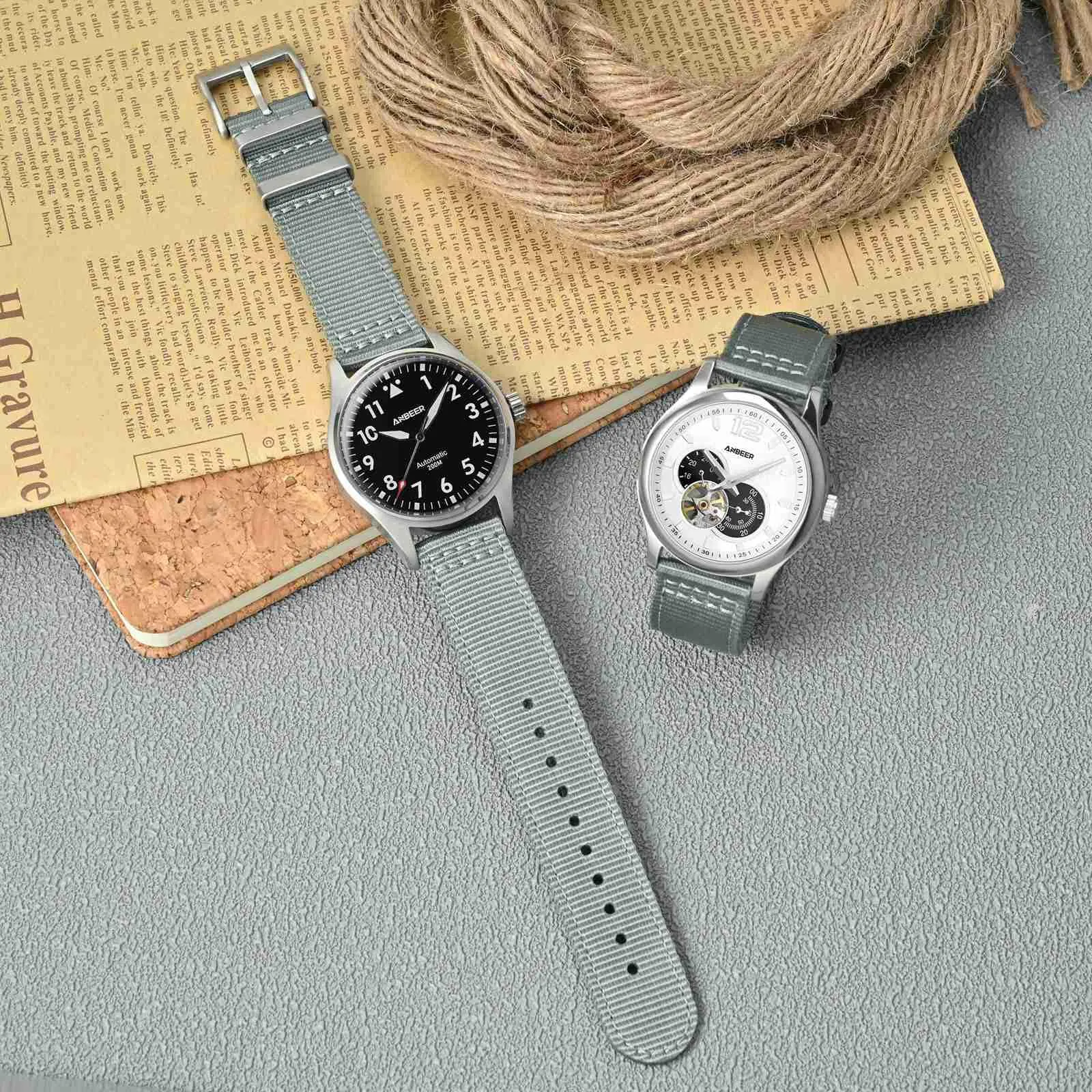 ANBEER 22mm Cinturino in nylon a sgancio rapido in due pezzi con passante in metallo, cinturino in nylon intrecciato a doppio strato,Grigio Fibbia argento - immagine 7