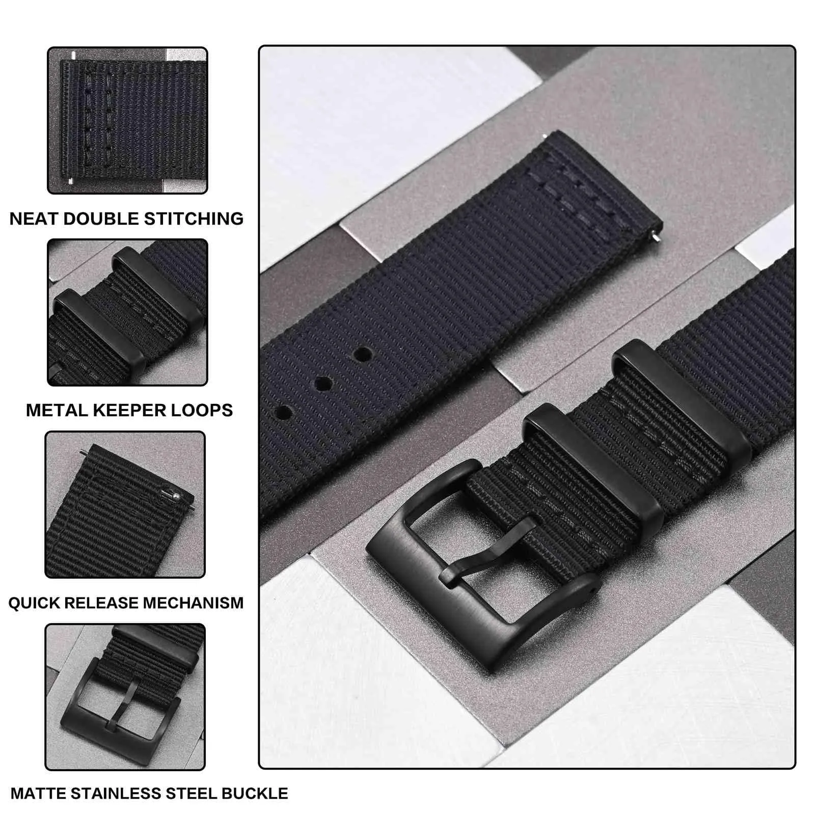 ANBEER 19mm Cinturino in nylon a sgancio rapido in due pezzi con passante in metallo, cinturino in nylon intrecciato a doppio strato,Nero Fibbia nera - immagine 3