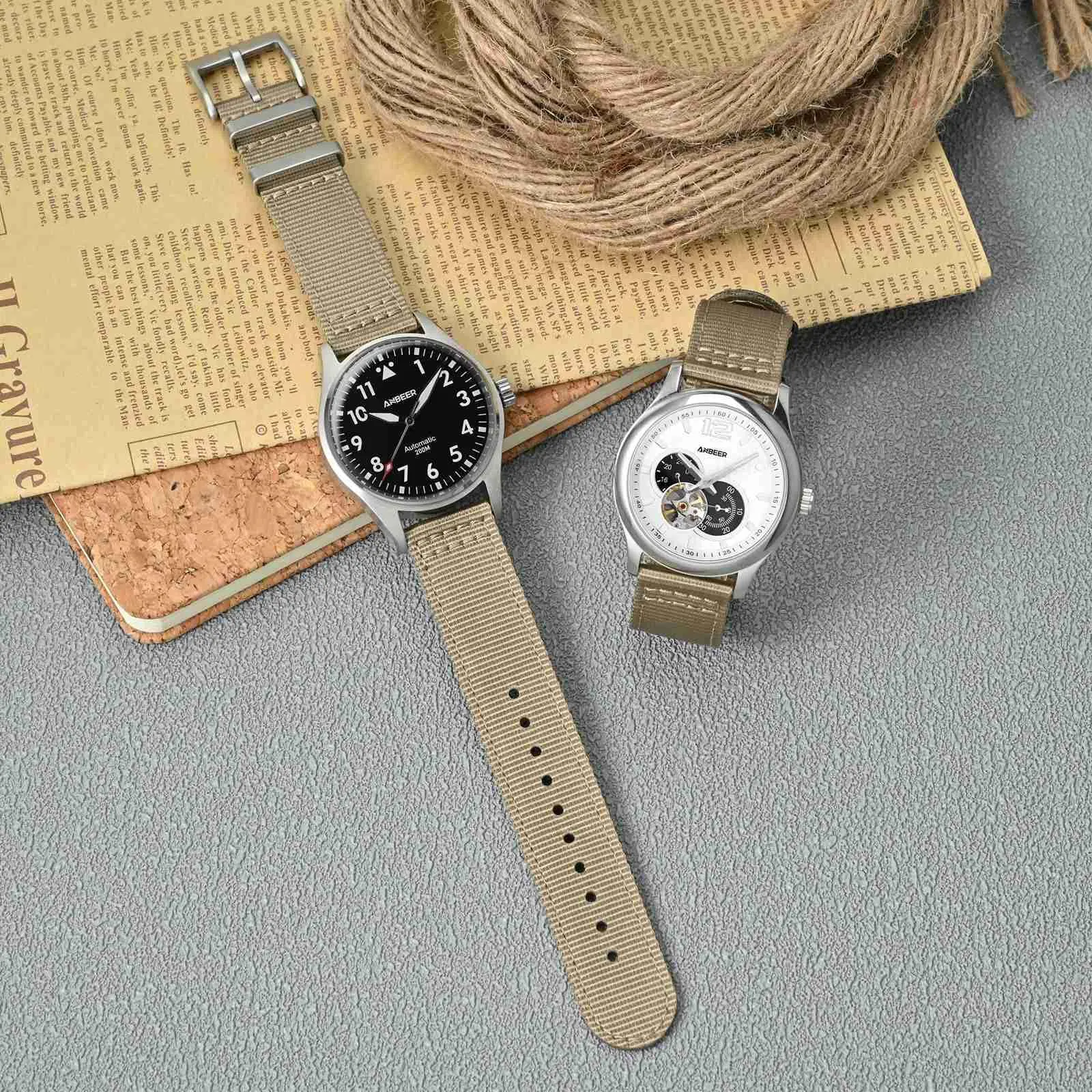 ANBEER 19mm Cinturino in nylon a sgancio rapido in due pezzi con passante in metallo, cinturino in nylon intrecciato a doppio strato,Khaki Fibbia nera - immagine 7