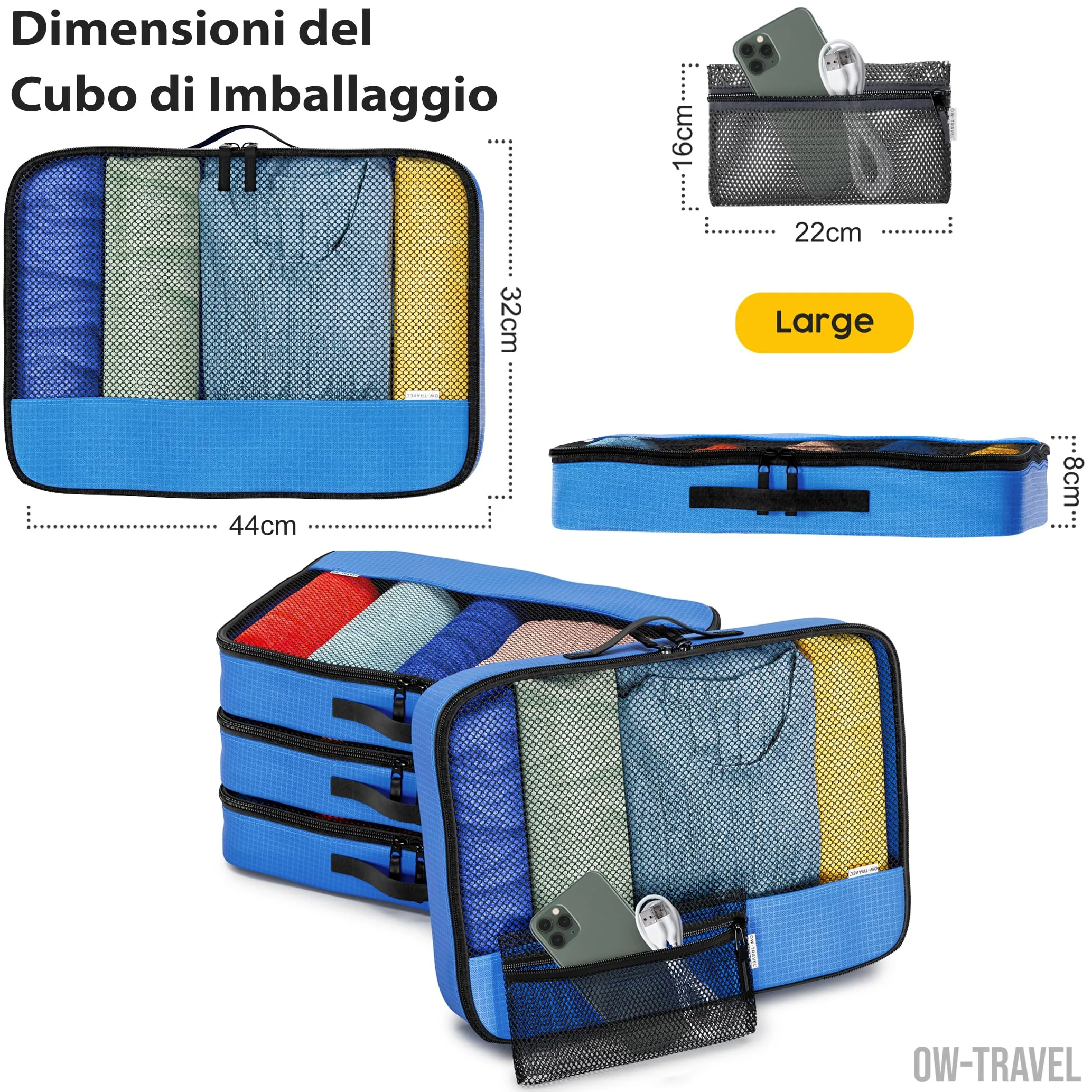 OW-Travel Organizer Valigia, Packing Cubes, Cubi Viaggio, Blu L 5 Pezzi - immagine 4