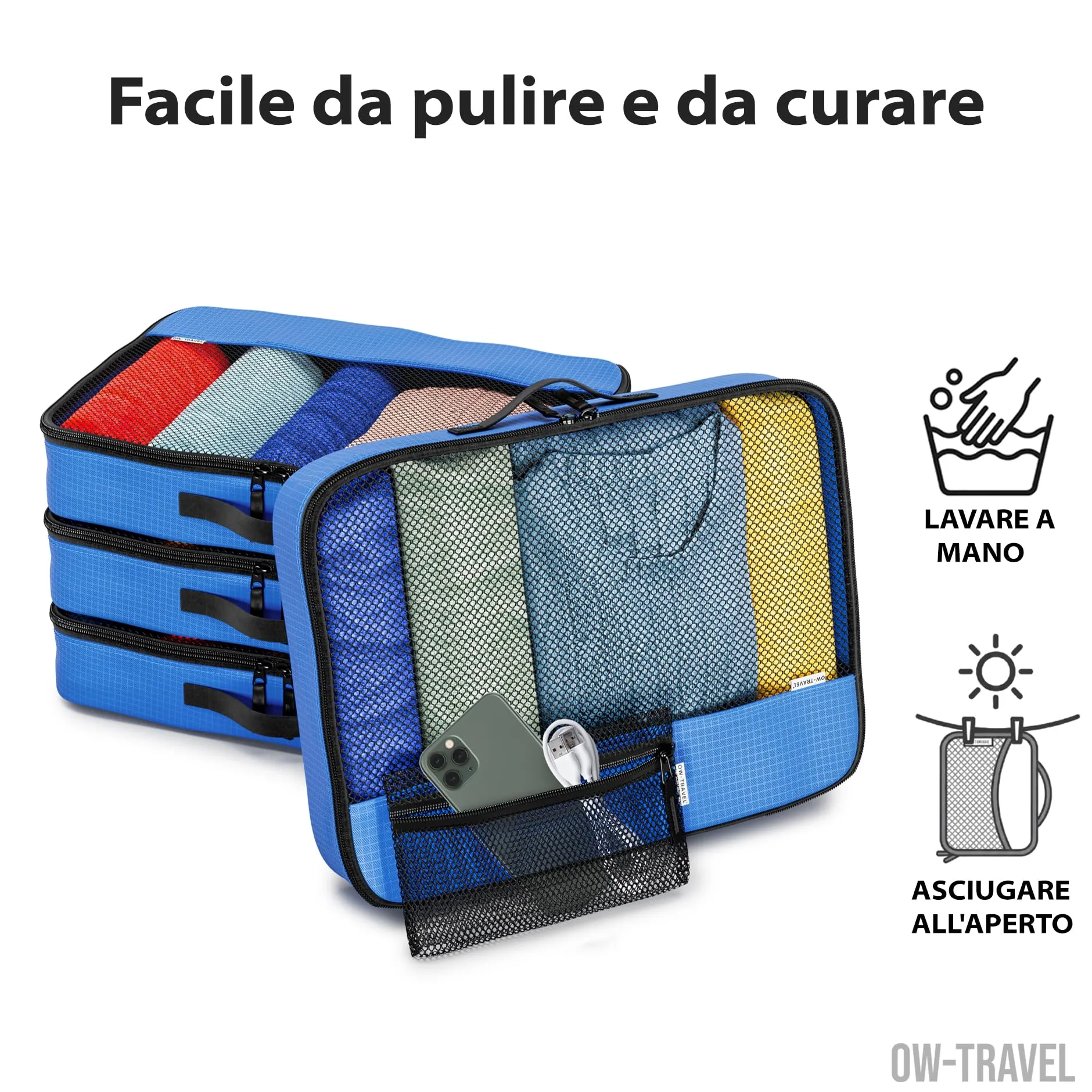 OW-Travel Organizer Valigia, Packing Cubes, Cubi Viaggio, Blu L 5 Pezzi - immagine 9