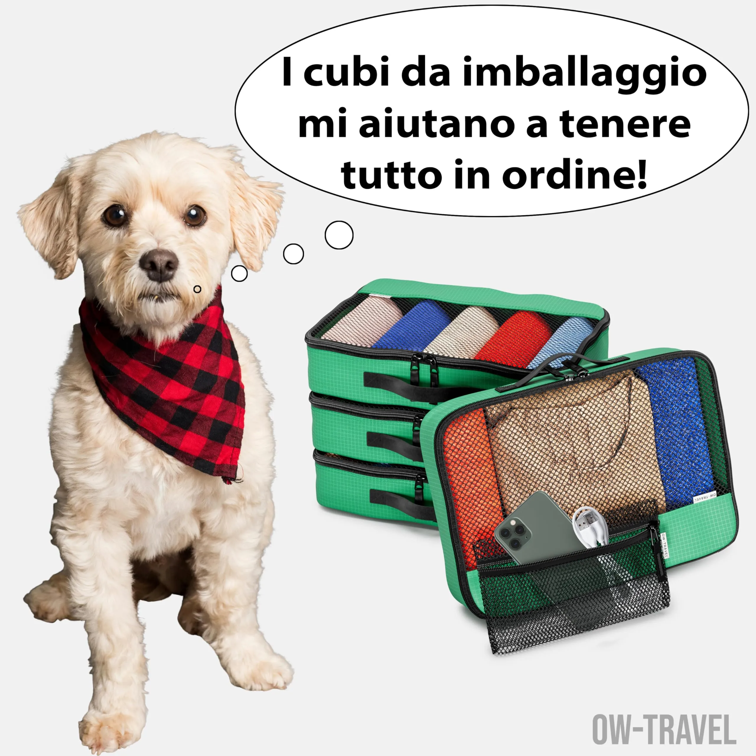 OW-Travel Organizer Valigia, Packing Cubes, Cubi Viaggio, Verde M 5 Pezzi - immagine 2