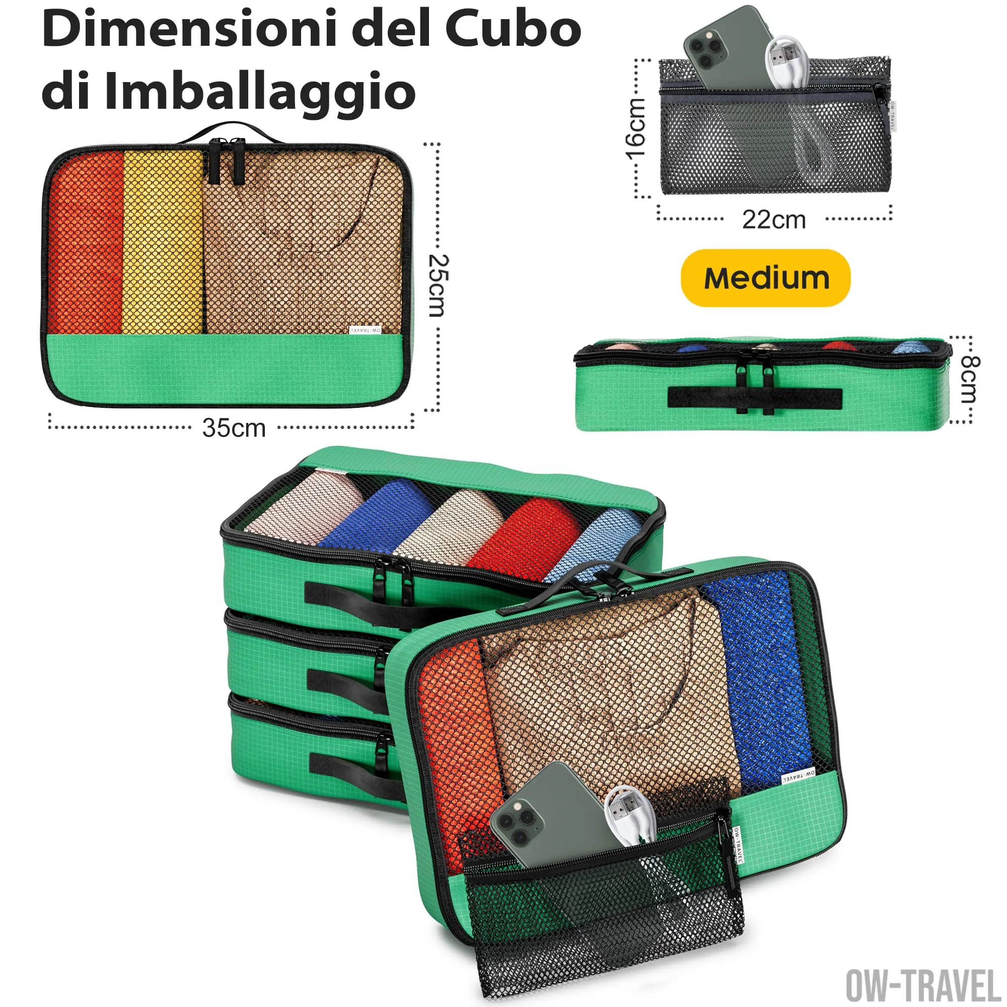 OW-Travel Organizer Valigia, Packing Cubes, Cubi Viaggio, Verde M 5 Pezzi - immagine 4