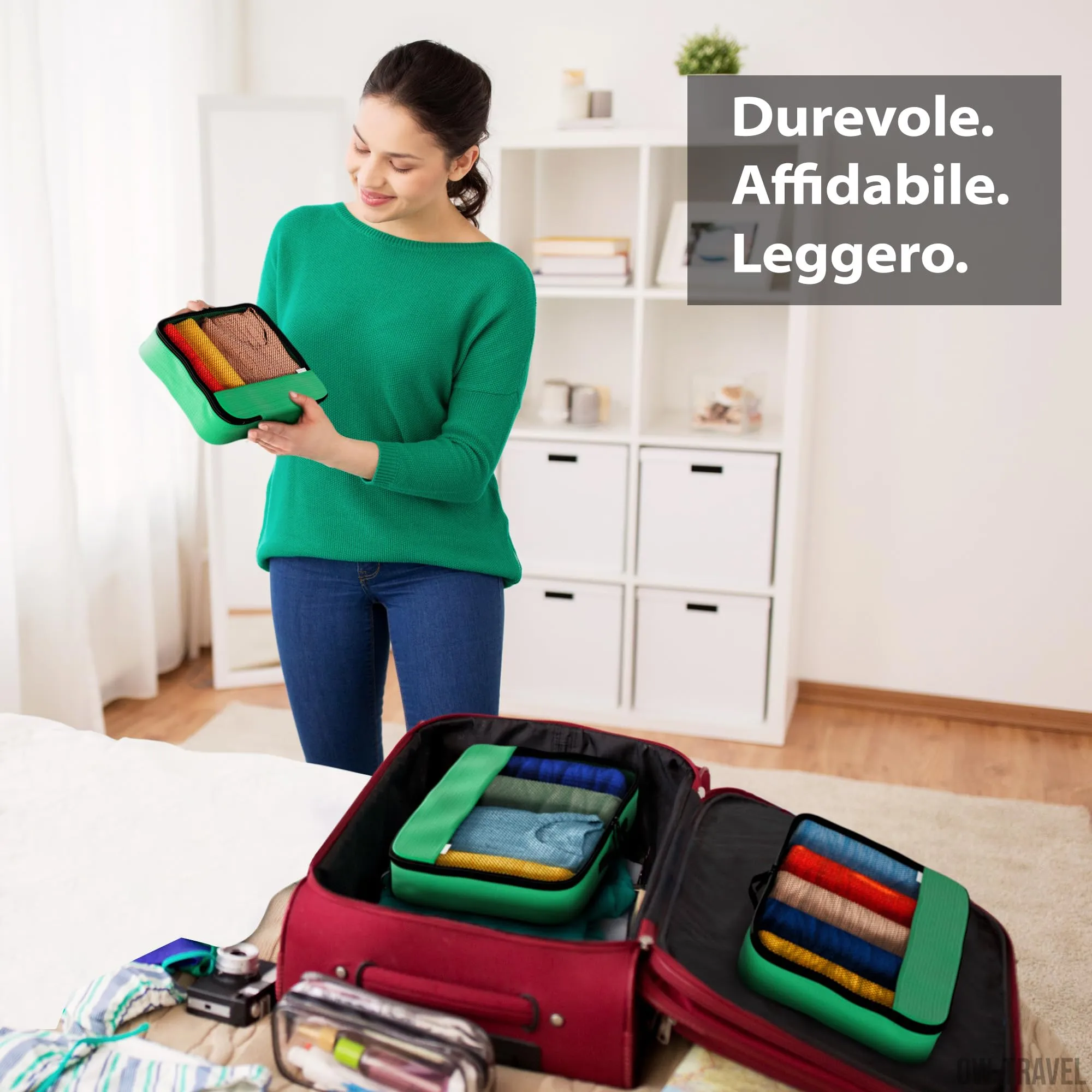 OW-Travel Organizer Valigia, Packing Cubes, Cubi Viaggio, Verde M 5 Pezzi - immagine 6
