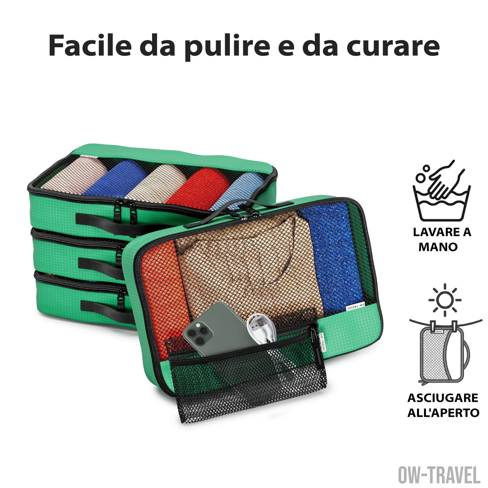 OW-Travel Organizer Valigia, Packing Cubes, Cubi Viaggio, Verde M 5 Pezzi - immagine 9