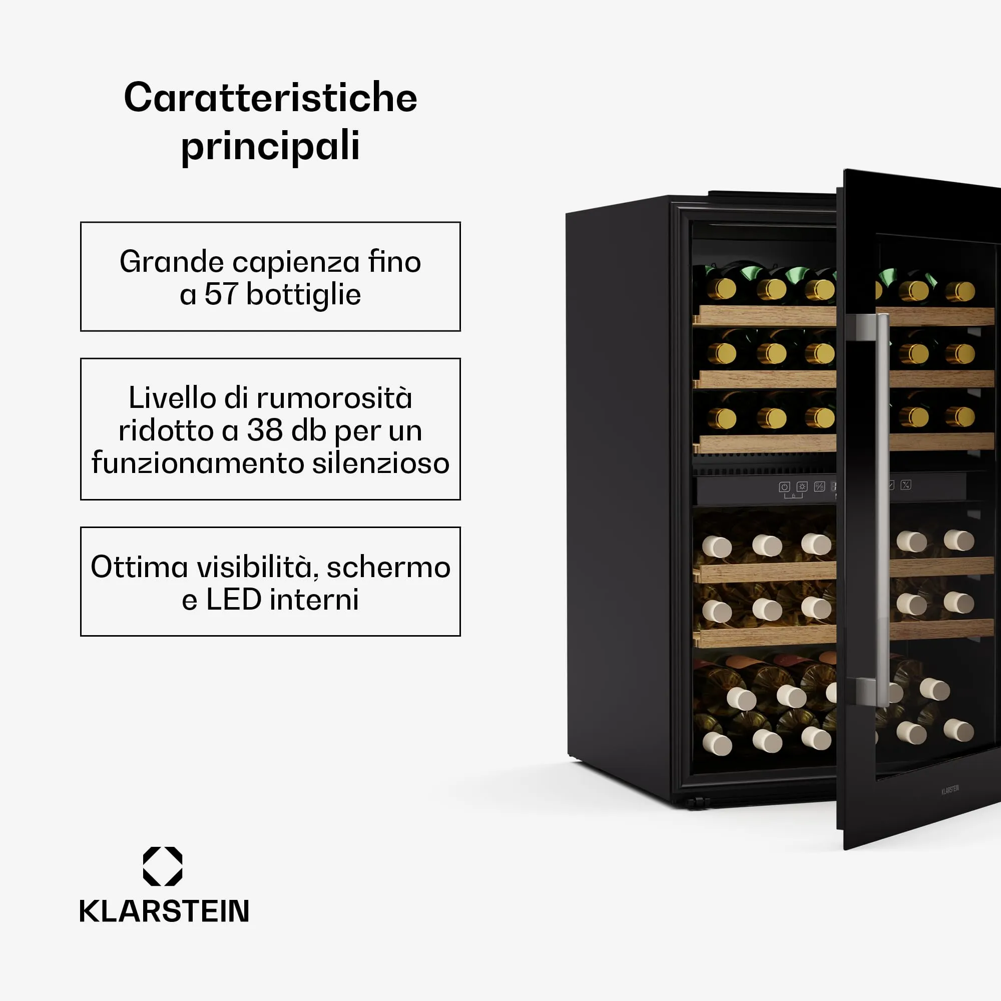 KLARSTEIN Vinsider 57 Duo Cantinetta Vino Doppia Temperatura - 57 Bottiglie, 5-22°C, 2 Zone, Ripiani in Legno, Silenziosa 38 dB, Da Incasso, Protezione UV - immagine 2