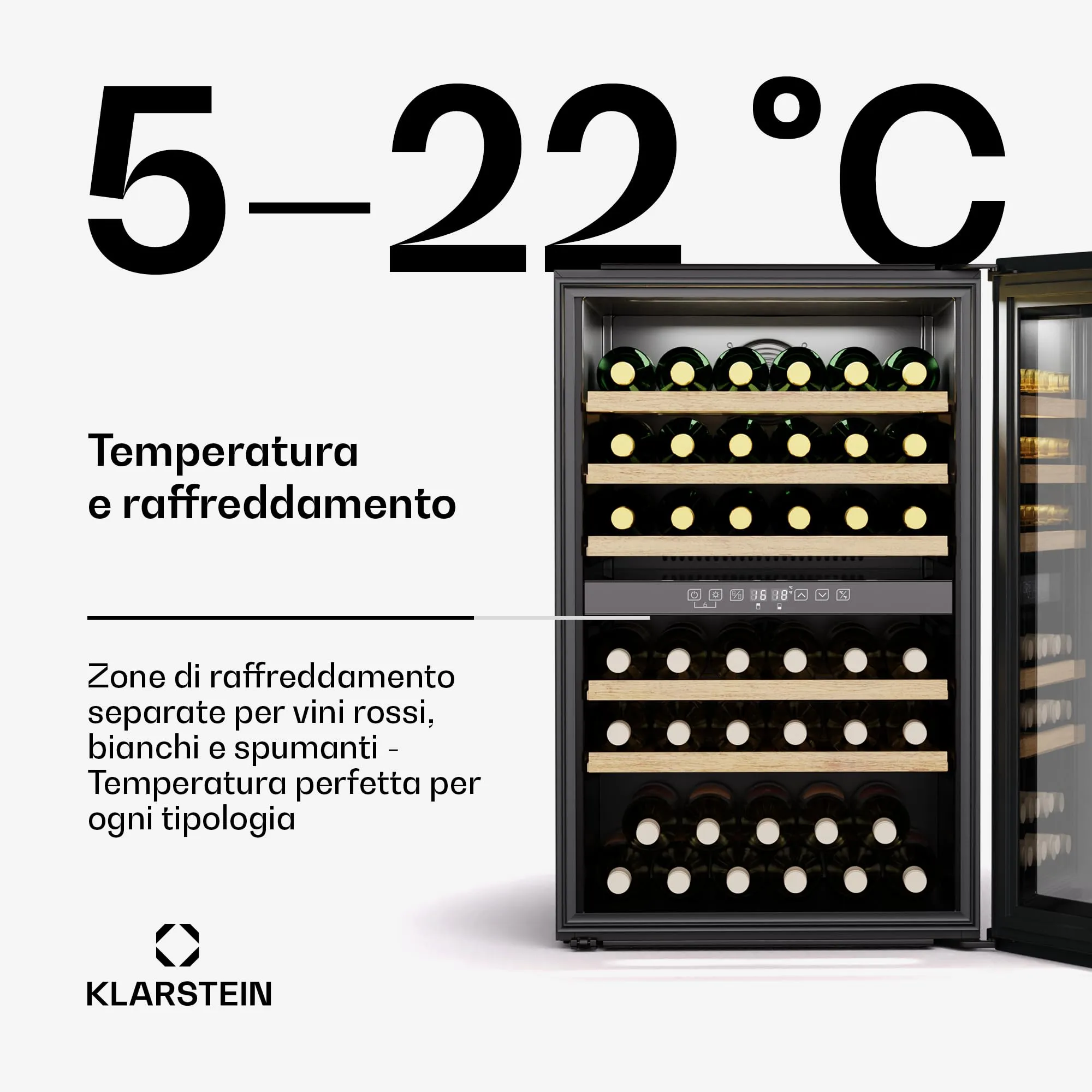KLARSTEIN Vinsider 57 Duo Cantinetta Vino Doppia Temperatura - 57 Bottiglie, 5-22°C, 2 Zone, Ripiani in Legno, Silenziosa 38 dB, Da Incasso, Protezione UV - immagine 3