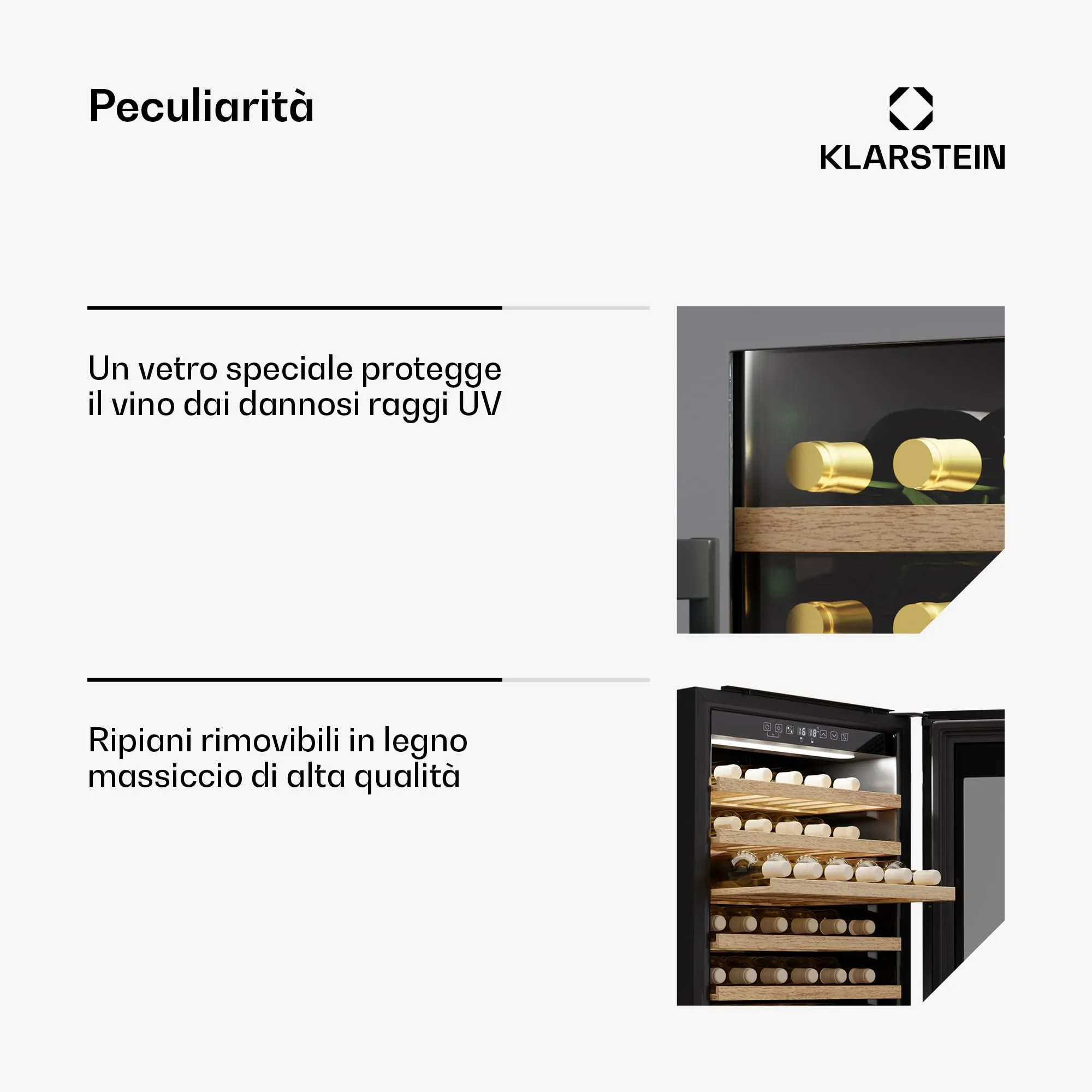 KLARSTEIN Vinsider 57 Duo Cantinetta Vino Doppia Temperatura - 57 Bottiglie, 5-22°C, 2 Zone, Ripiani in Legno, Silenziosa 38 dB, Da Incasso, Protezione UV - immagine 4