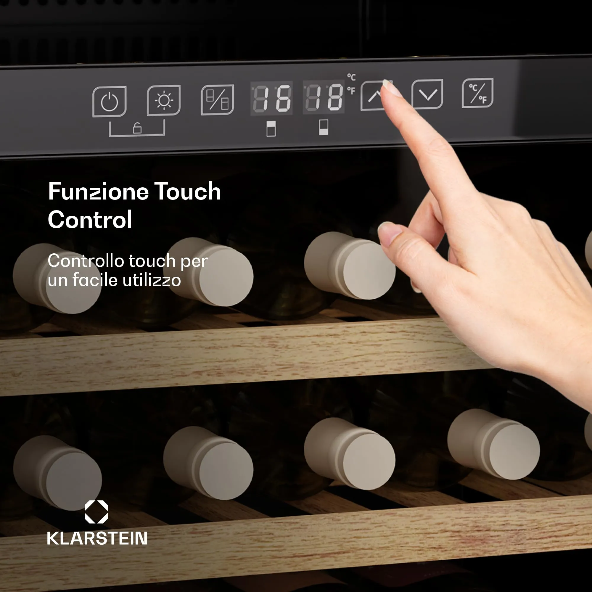 KLARSTEIN Vinsider 57 Duo Cantinetta Vino Doppia Temperatura - 57 Bottiglie, 5-22°C, 2 Zone, Ripiani in Legno, Silenziosa 38 dB, Da Incasso, Protezione UV - immagine 5