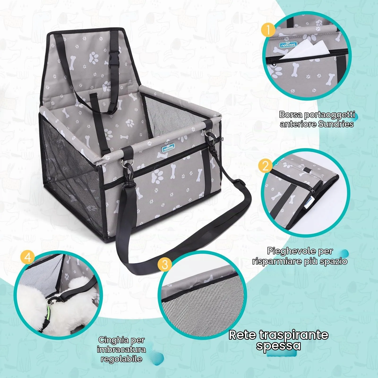 Nobleza Seggiolino Auto per Cani di Taglia Piccola, Trasportino Auto Borsa per Cani, Coprisedile Impermeabile per Proteggere Sedile di Automobile per Animali Domestici, 40 * 34 * 25cm(Grigio) - immagine 2