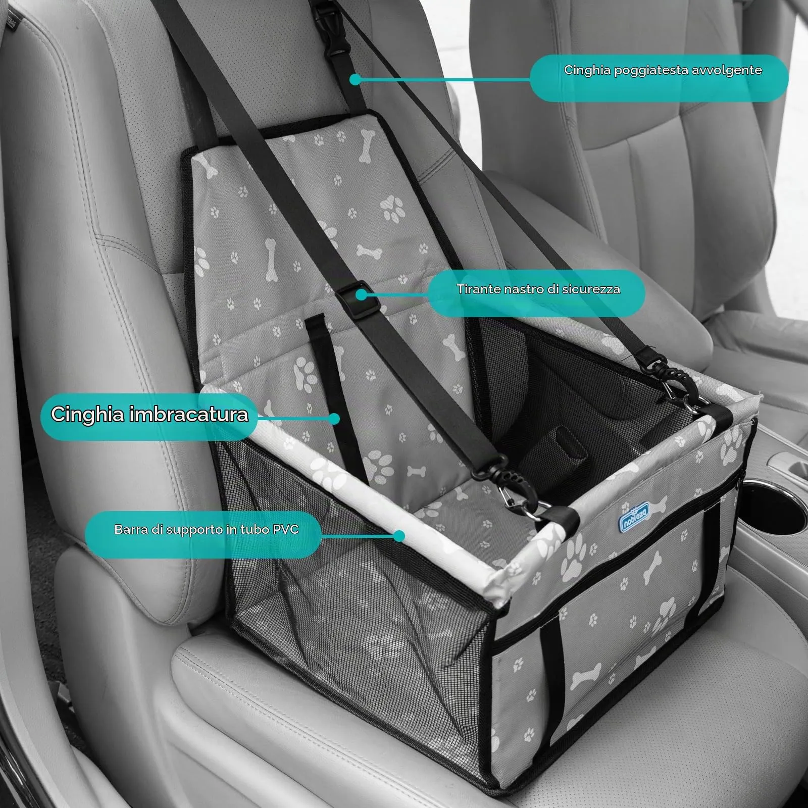 Nobleza Seggiolino Auto per Cani di Taglia Piccola, Trasportino Auto Borsa per Cani, Coprisedile Impermeabile per Proteggere Sedile di Automobile per Animali Domestici, 40 * 34 * 25cm(Grigio) - immagine 3