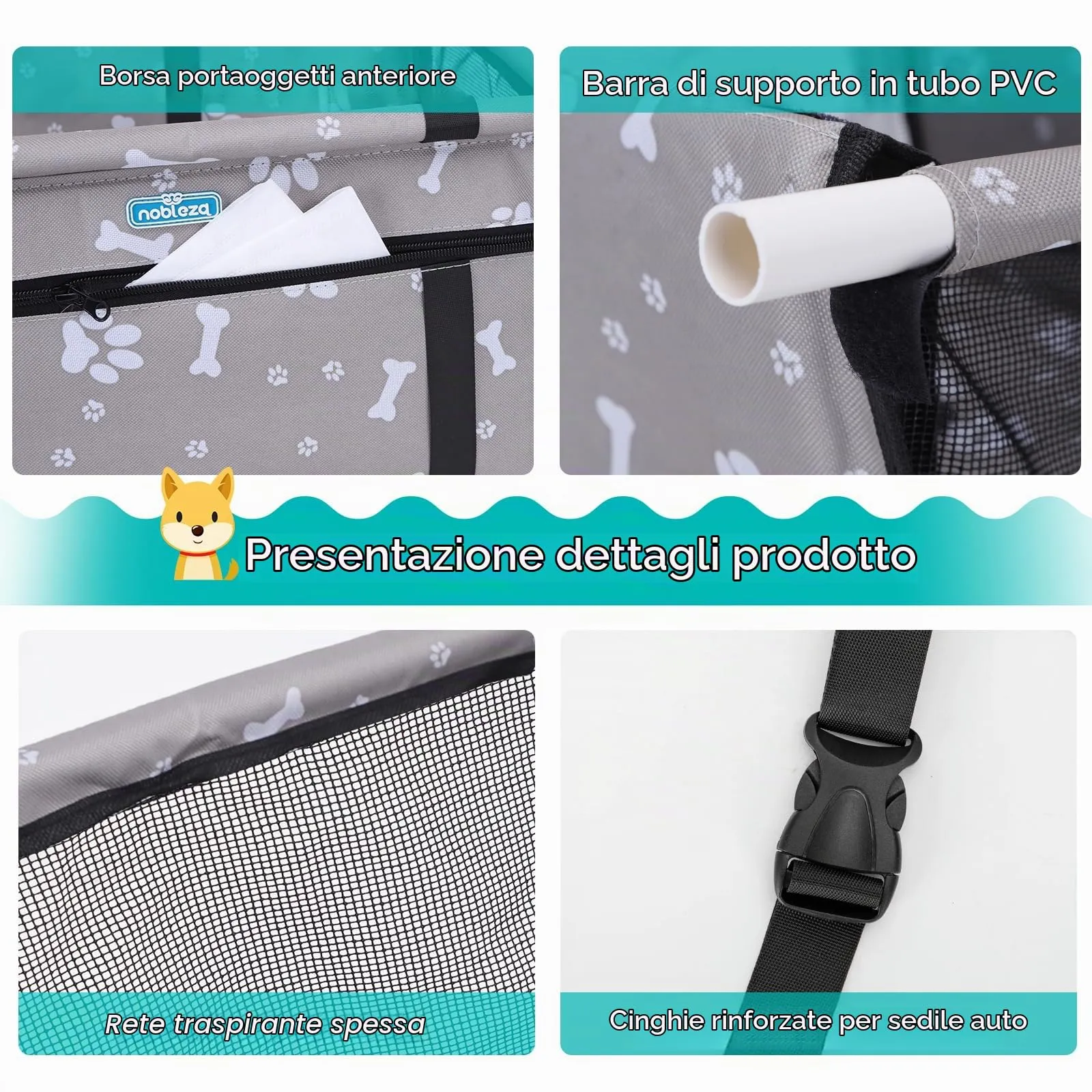 Nobleza Seggiolino Auto per Cani di Taglia Piccola, Trasportino Auto Borsa per Cani, Coprisedile Impermeabile per Proteggere Sedile di Automobile per Animali Domestici, 40 * 34 * 25cm(Grigio) - immagine 5
