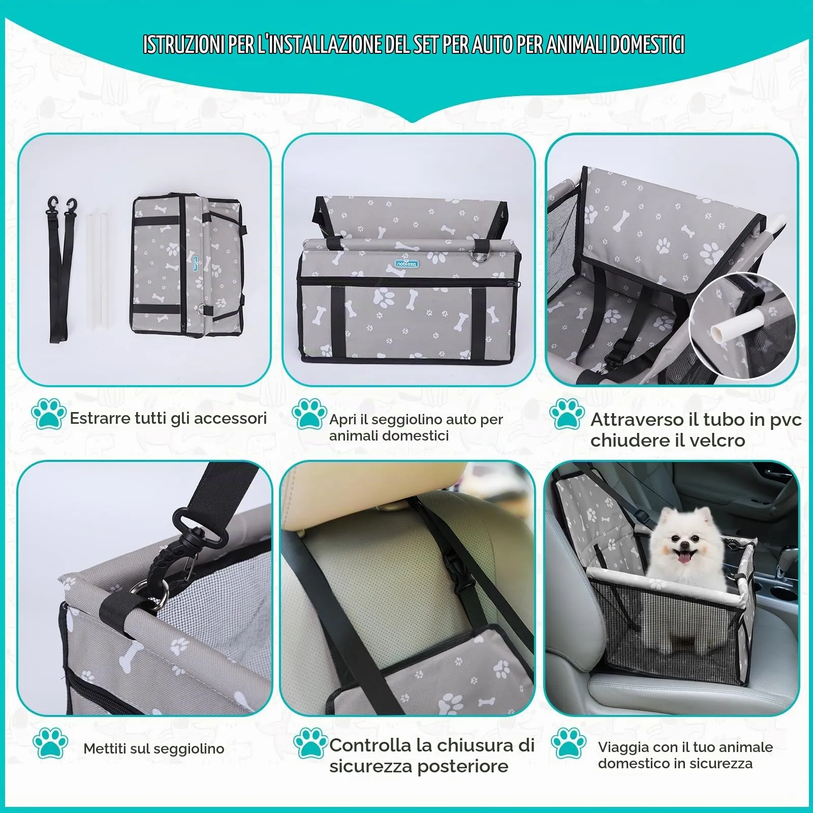 Nobleza Seggiolino Auto per Cani di Taglia Piccola, Trasportino Auto Borsa per Cani, Coprisedile Impermeabile per Proteggere Sedile di Automobile per Animali Domestici, 40 * 34 * 25cm(Grigio) - immagine 6