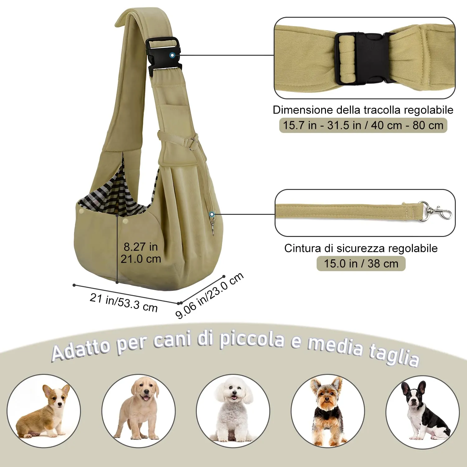 PETLOFT Reversibile Borsa Trasportino Zaino, Borsa da Trasporto per Cani Piccoli, Adjustable Borsa a Tracolla, Cross-Body Pet Sling Carrier con Gancio per Collare per Cane/Gatto Fino a 4.5kg - immagine 3