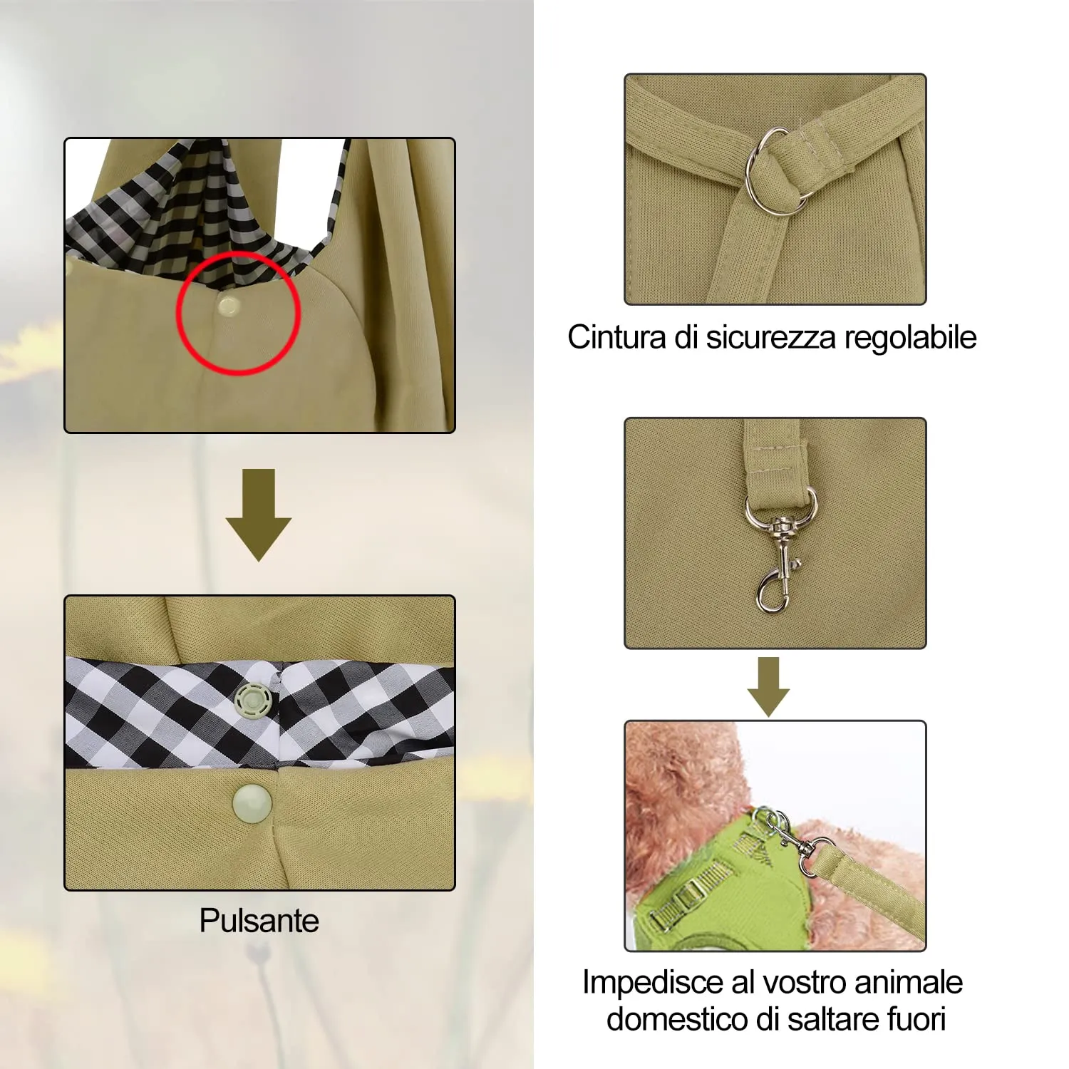 PETLOFT Reversibile Borsa Trasportino Zaino, Borsa da Trasporto per Cani Piccoli, Adjustable Borsa a Tracolla, Cross-Body Pet Sling Carrier con Gancio per Collare per Cane/Gatto Fino a 4.5kg - immagine 5