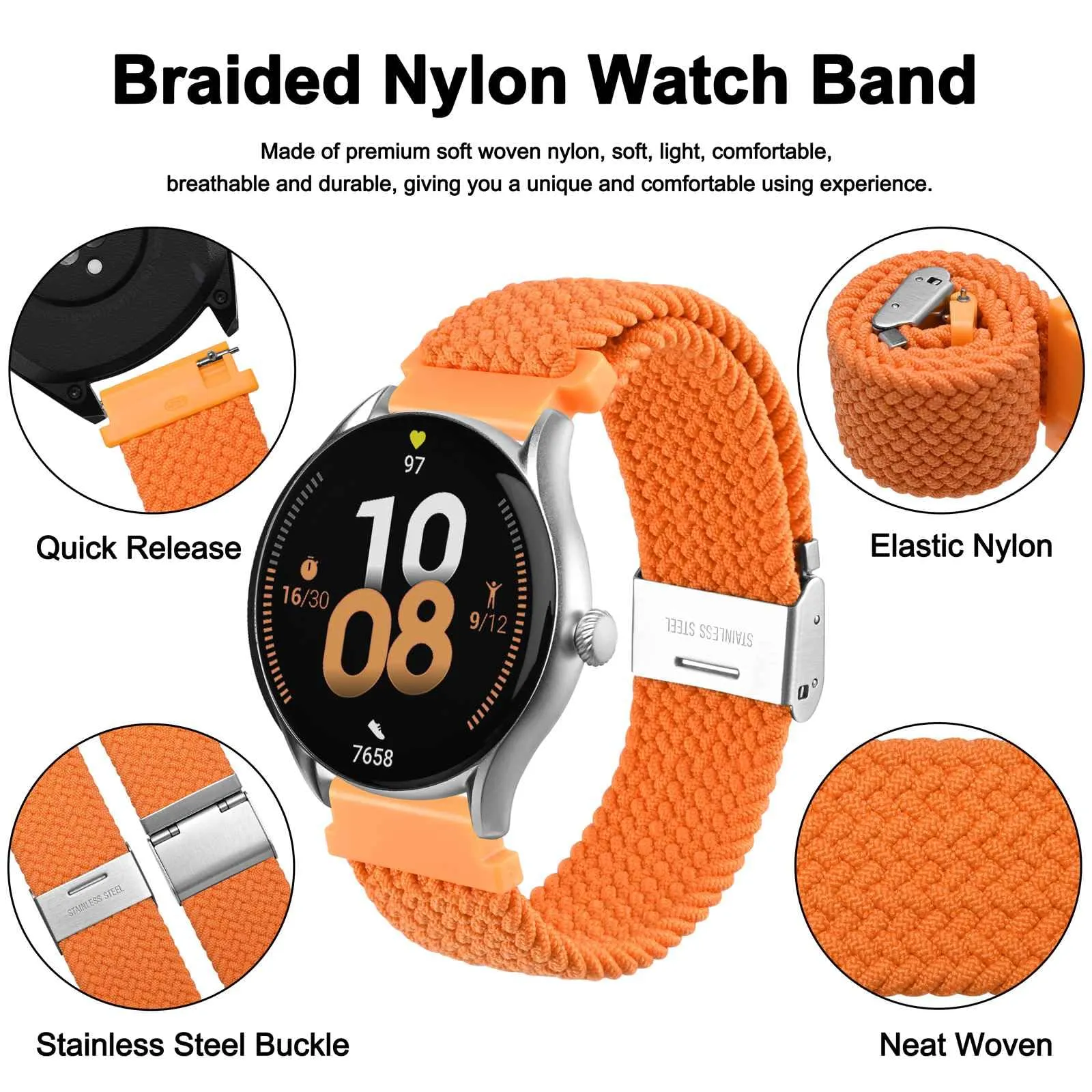 WOCCI 19mm Intrecciato Nylon Cinturino per Orologio da Uomo e da Donna, Regolabile Fibbia Argento (Arancia) - immagine 3
