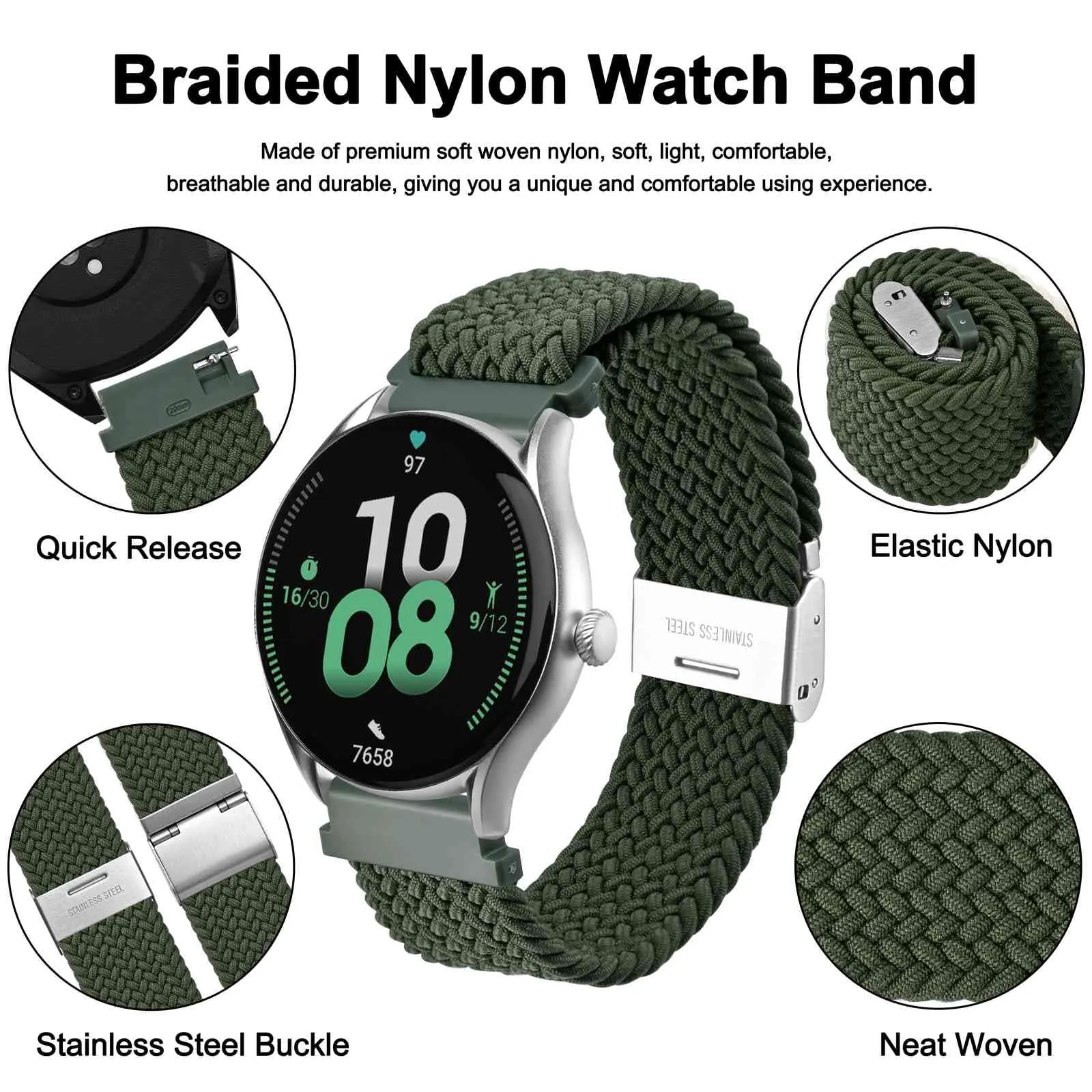 WOCCI 16mm Intrecciato Nylon Cinturino per Orologio da Uomo e da Donna, Regolabile Fibbia Argento (Verde Kaki) - immagine 3