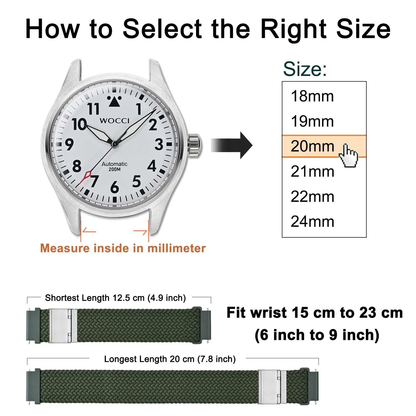 WOCCI 16mm Intrecciato Nylon Cinturino per Orologio da Uomo e da Donna, Regolabile Fibbia Argento (Verde Kaki) - immagine 4