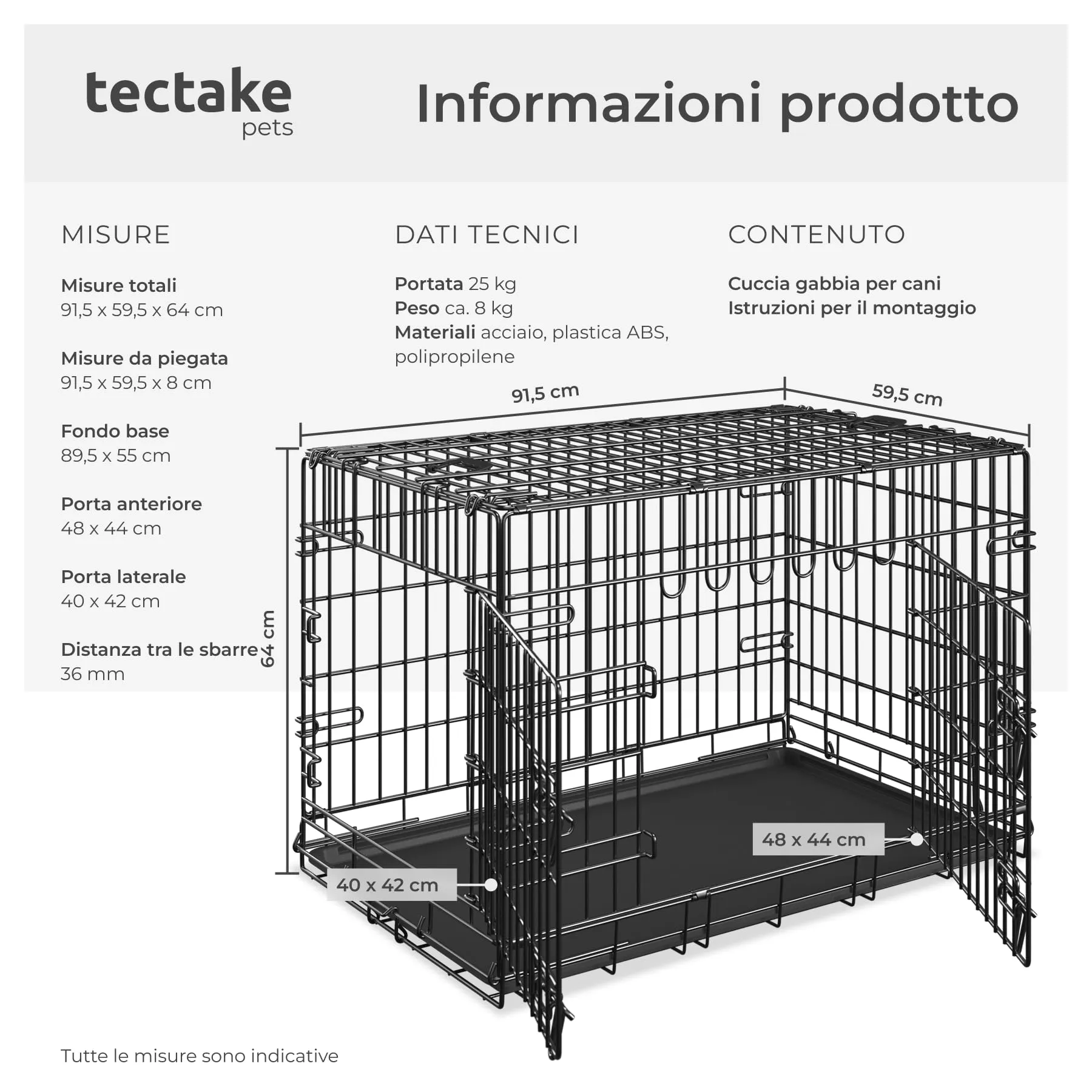 tectake® Trasportino Cane Auto, Box per Cani Spazioso, Trasportino Cani con Griglia in Acciaio, Pieghevole con 2 Porte, Doppia Chiusura, Vasca Rimovibile - 91,5x59,5x64cm - immagine 6
