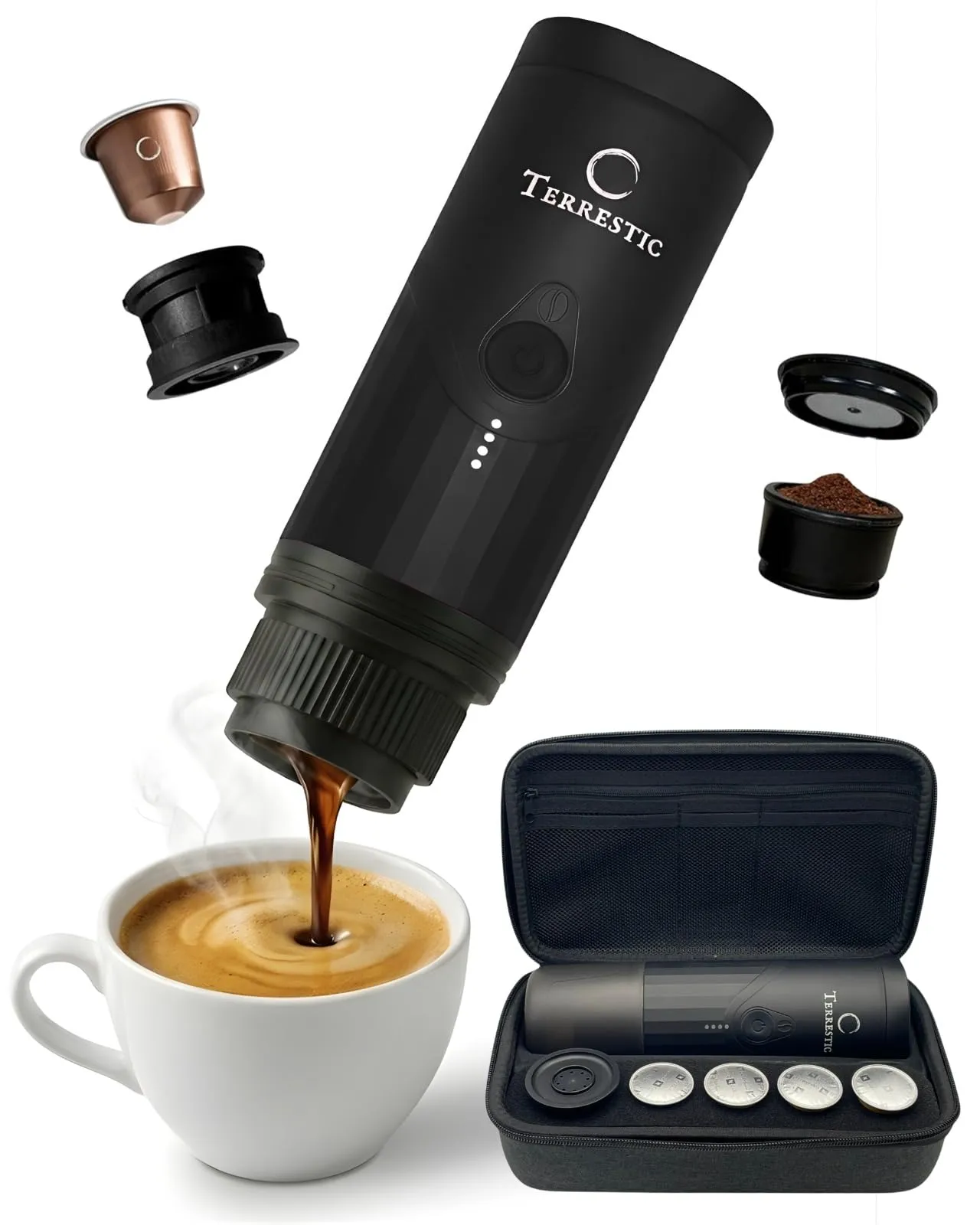 Terrestic Macchina Caffe Portatile 80 Ml, Caffettiera Portatile, Macchinetta Caffè da Viaggio Ricaricabile USB, Compatibile con Polvere e Capsule Nespresso con Custodia Rigida - immagine 1