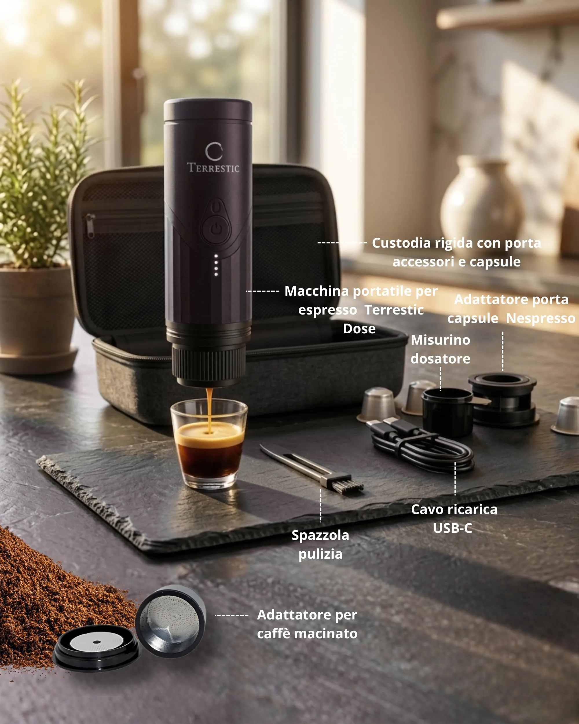 Terrestic Macchina Caffe Portatile 80 Ml, Caffettiera Portatile, Macchinetta Caffè da Viaggio Ricaricabile USB, Compatibile con Polvere e Capsule Nespresso con Custodia Rigida - immagine 2