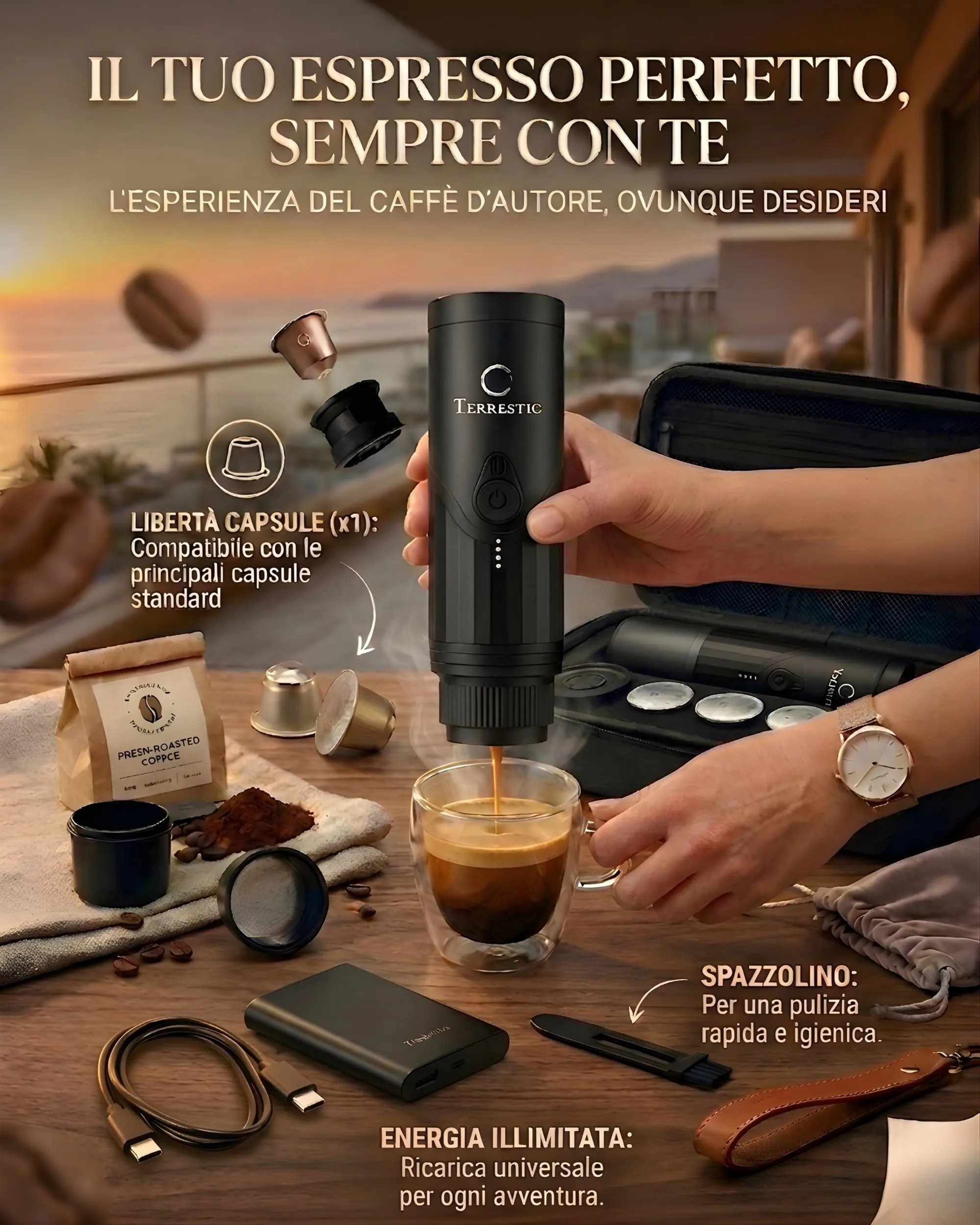 Terrestic Macchina Caffe Portatile 80 Ml, Caffettiera Portatile, Macchinetta Caffè da Viaggio Ricaricabile USB, Compatibile con Polvere e Capsule Nespresso con Custodia Rigida - immagine 3